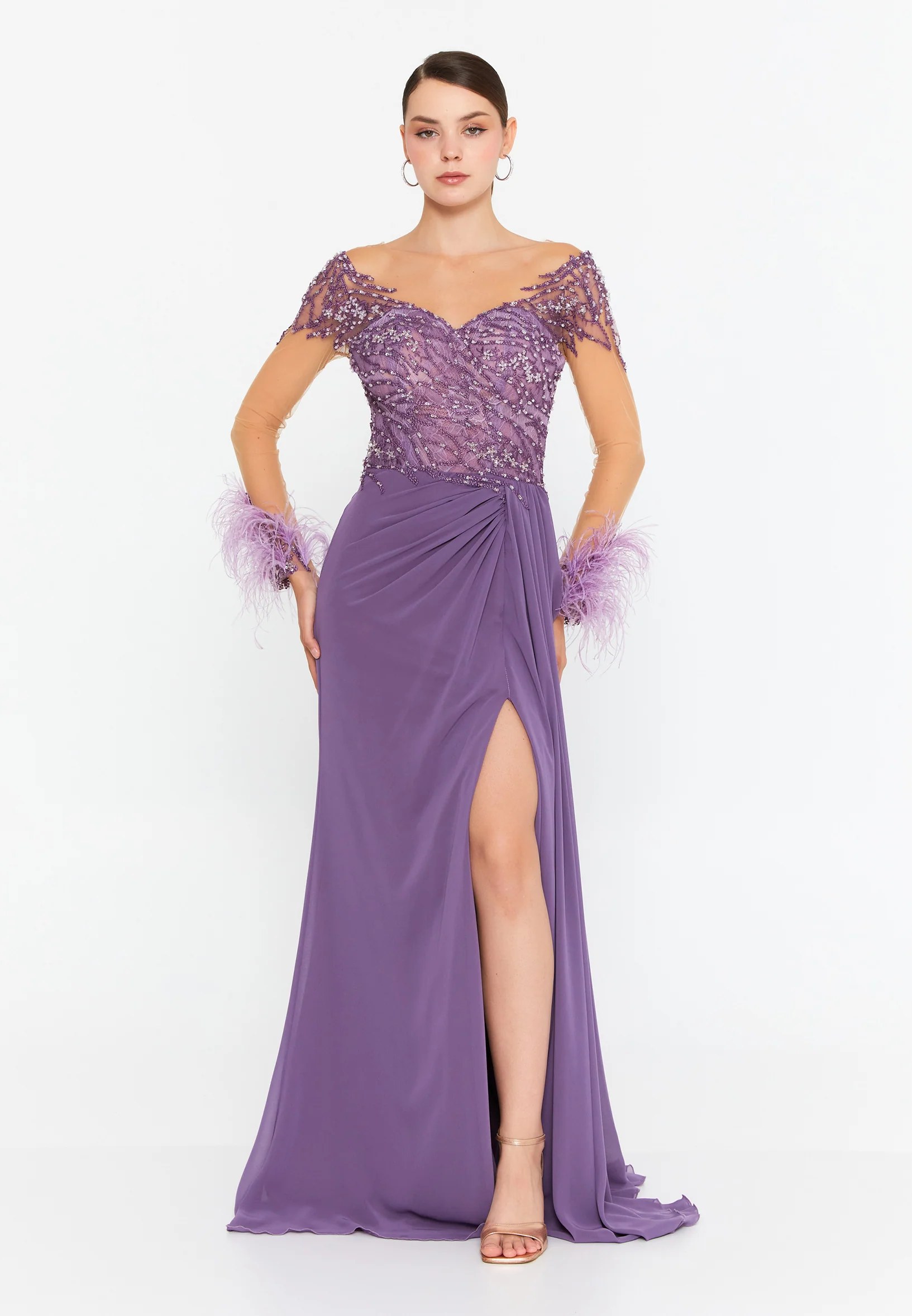 Long Sleeve Maxi Tulle Mermaid Regular Prom Dress omn473 - Image 5