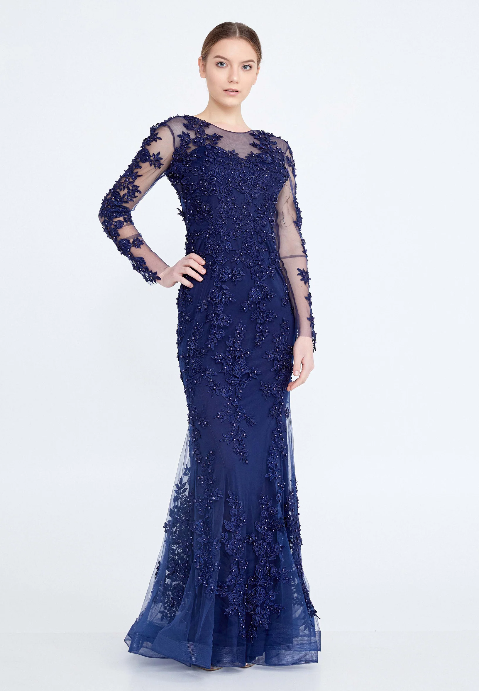 Long Sleeve Maxi Tulle Mermaid Regular Prom Dress ses1729 - Image 5