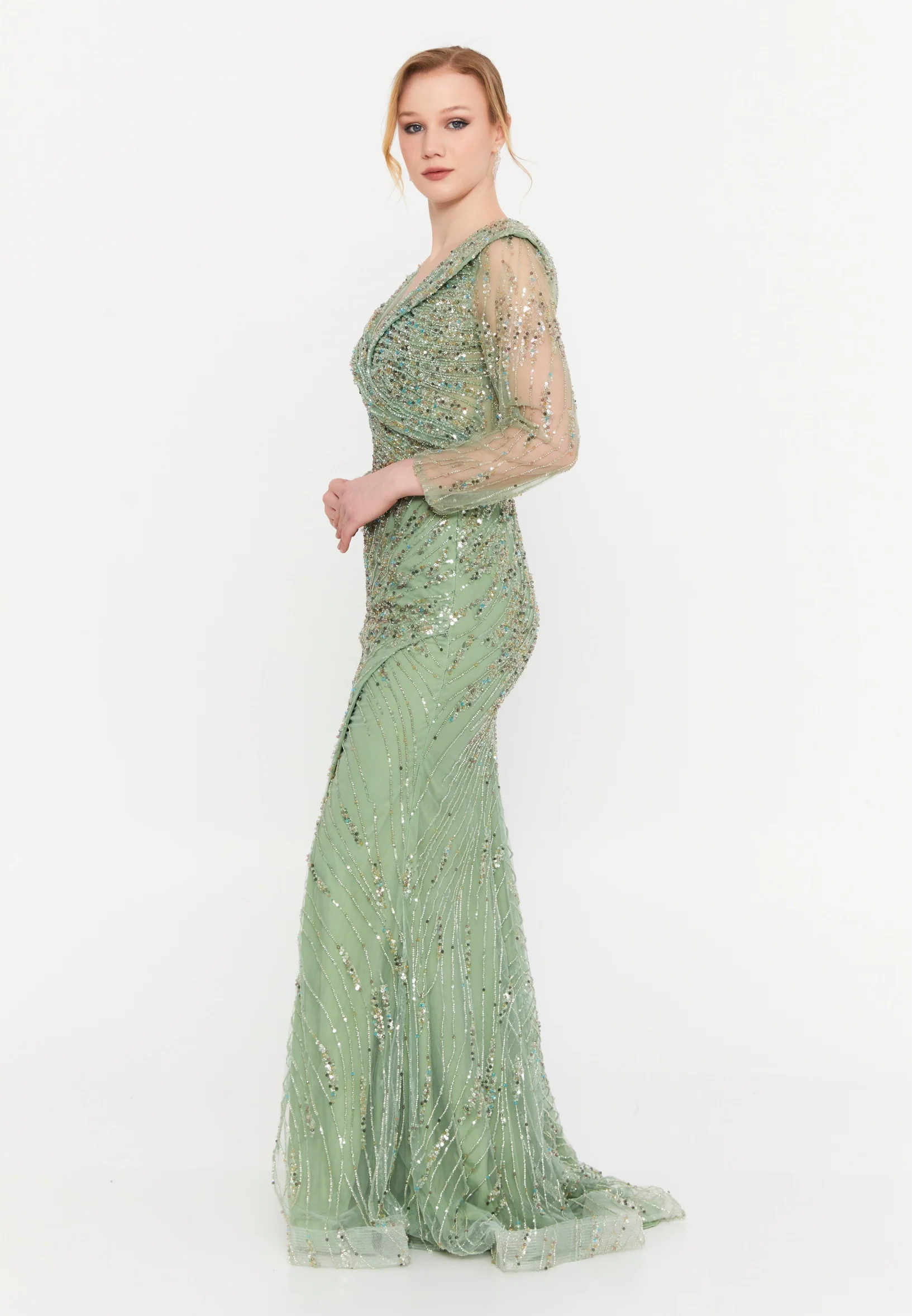 Long Sleeve Maxi Tulle Mermaid Regular Wedding Guest Dress mtc1146 - Image 3
