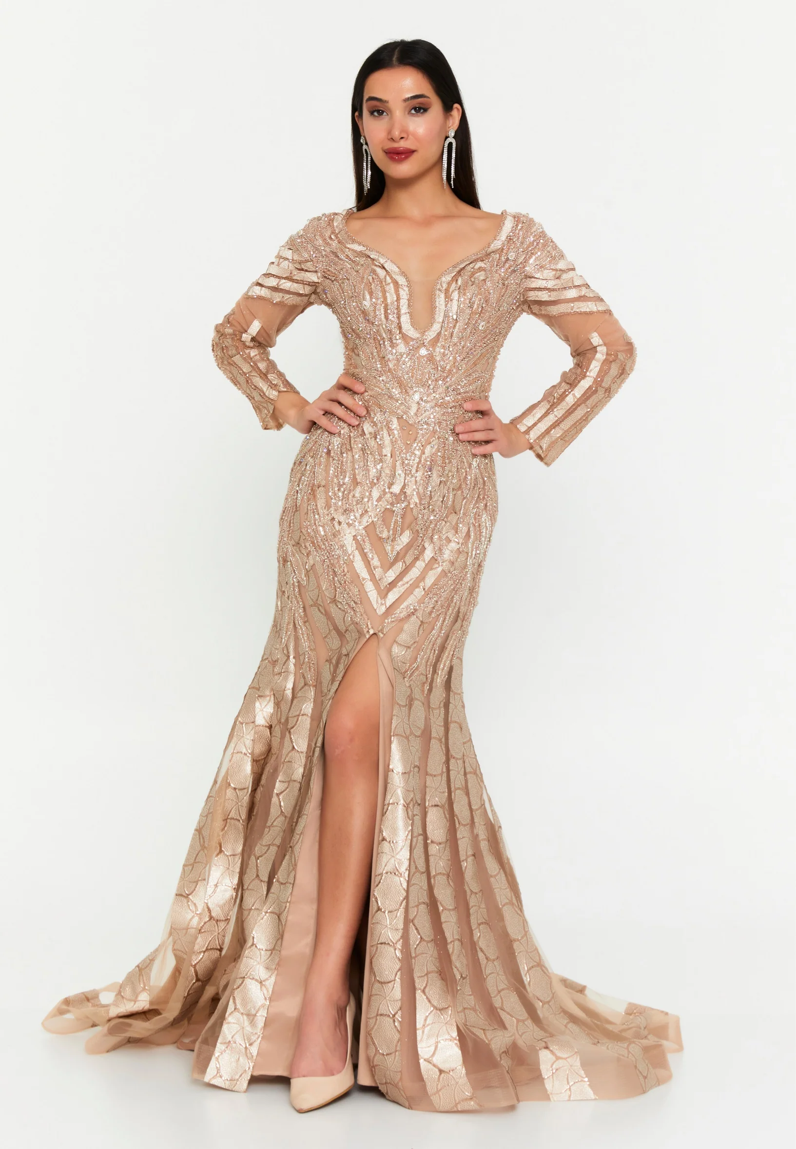 Long Sleeve Maxi Tulle Mermaid Regular Wedding Guest Dress mti1022