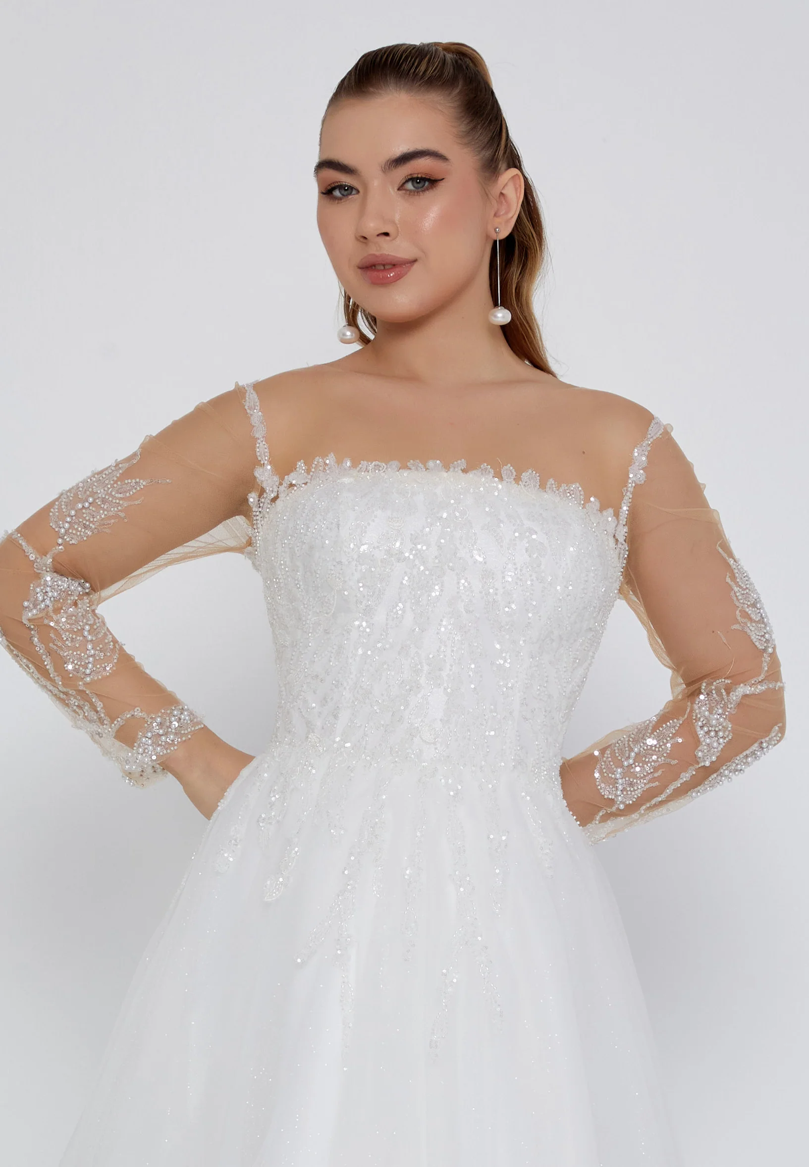 Long Sleeve Maxi Tulle Regular Wedding Dress nor2027 - Image 7