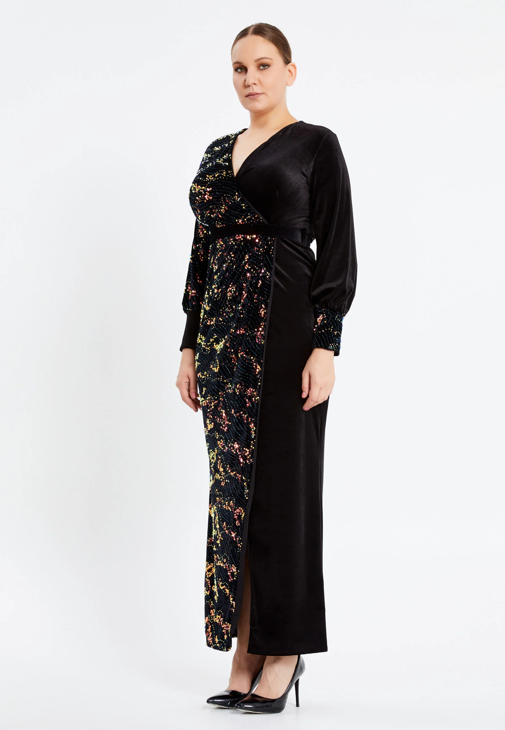 Long Sleeve Maxi Velvet Column Plus Size Evening Dress pnl6907-b - Image 11