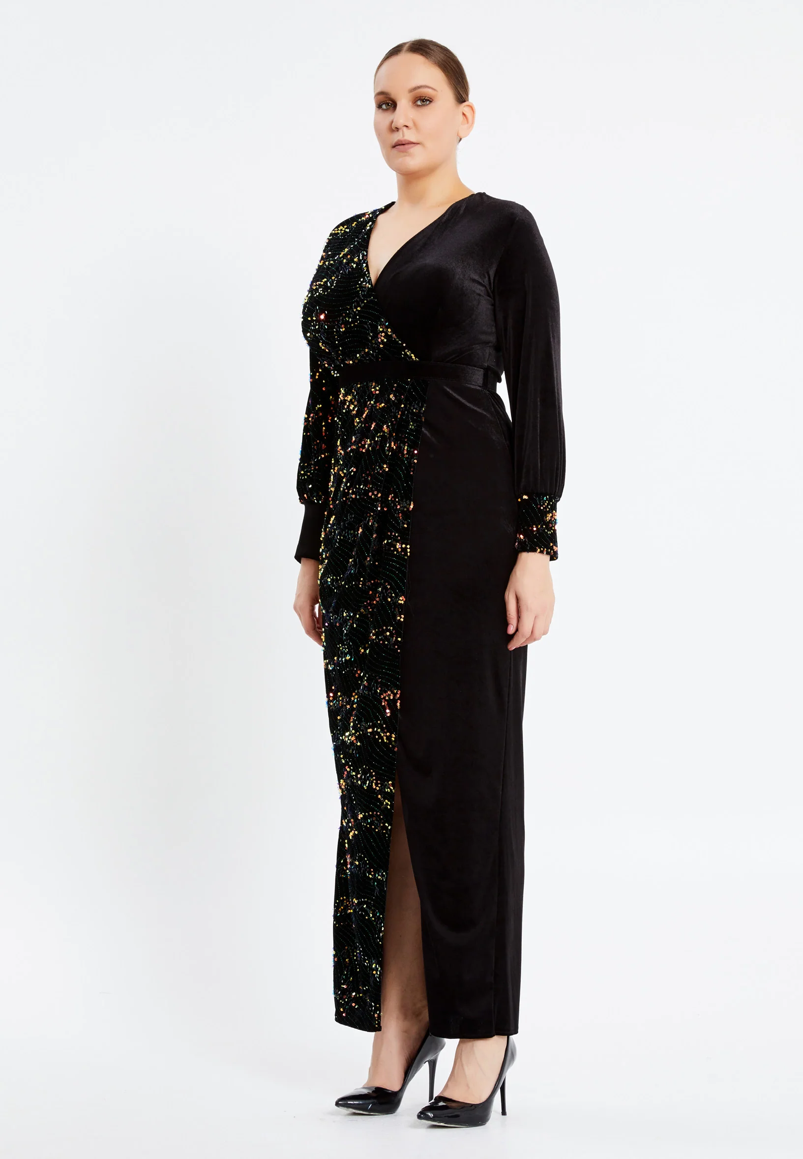 Long Sleeve Maxi Velvet Column Plus Size Evening Dress pnl6907-b - Image 3