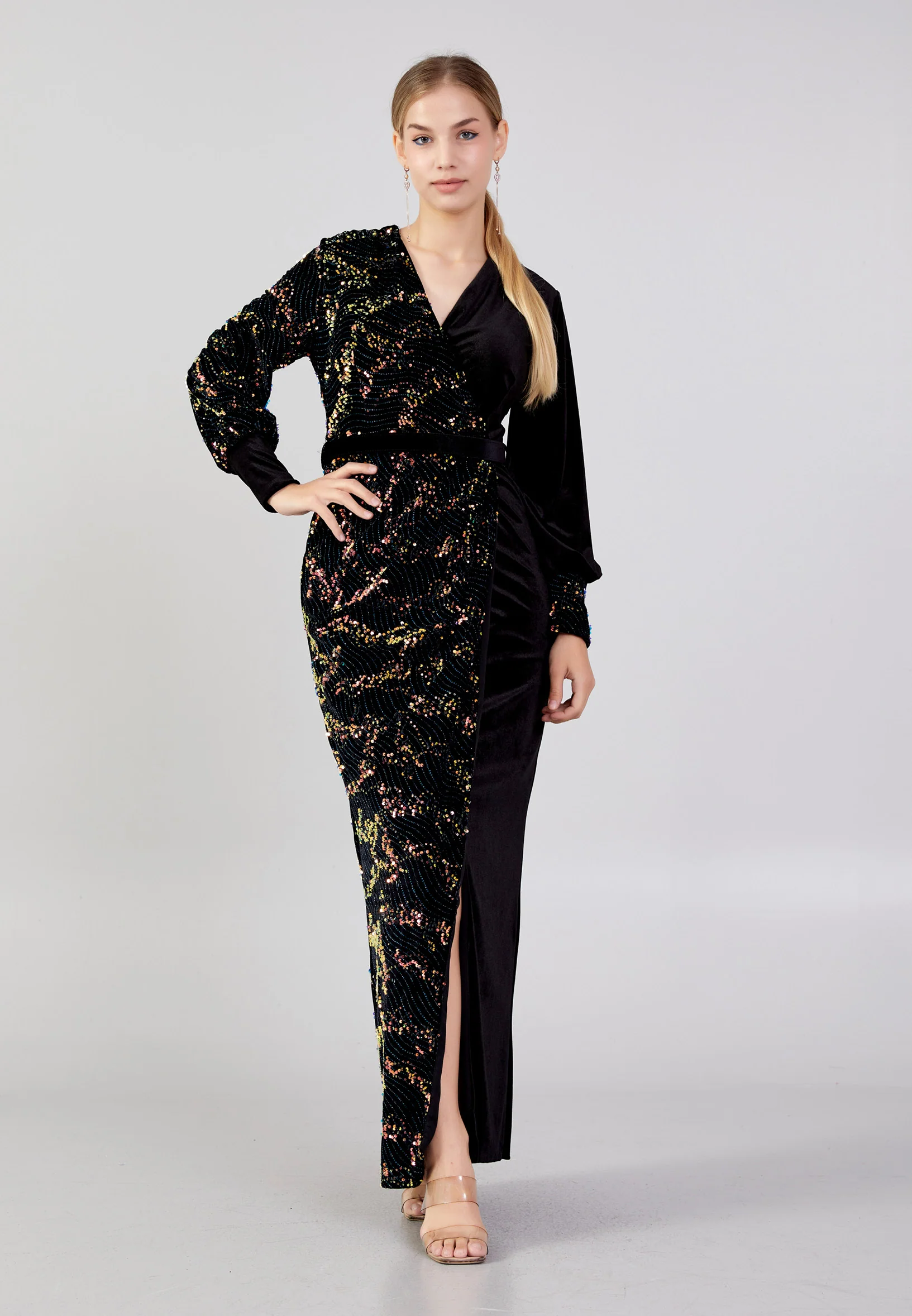 Long Sleeve Maxi Velvet Column Plus Size Evening Dress pnl6907-b - Image 5
