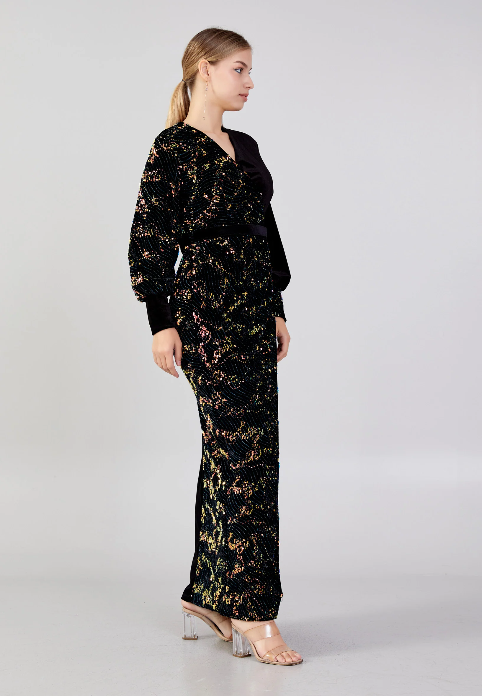 Long Sleeve Maxi Velvet Column Plus Size Evening Dress pnl6907-b - Image 7