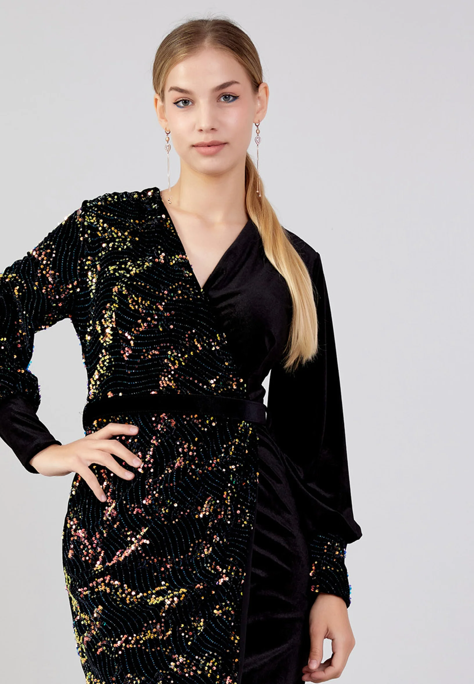 Long Sleeve Maxi Velvet Column Plus Size Evening Dress pnl6907-b - Image 8