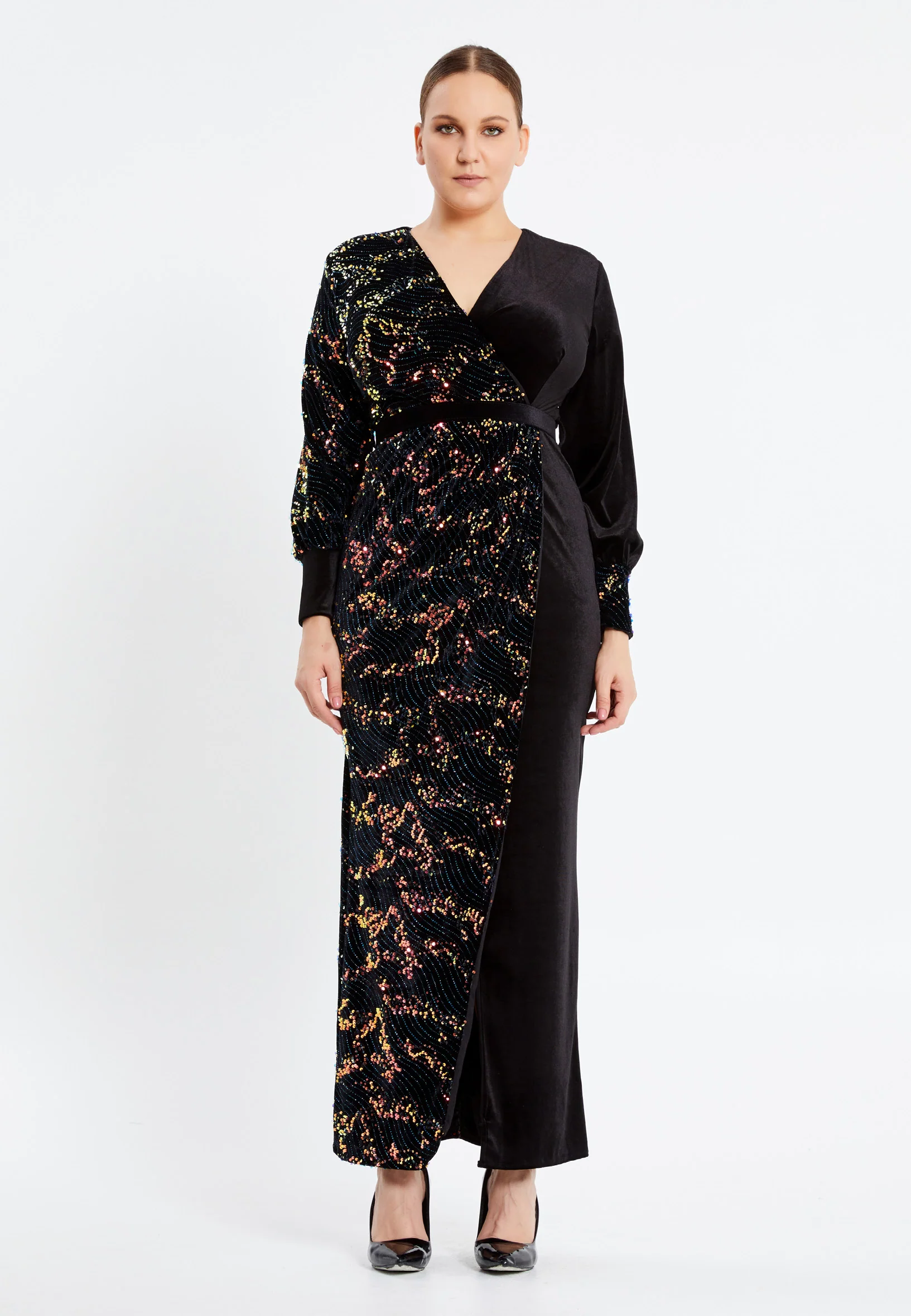 Long Sleeve Maxi Velvet Column Plus Size Evening Dress pnl6907-b - Image 9