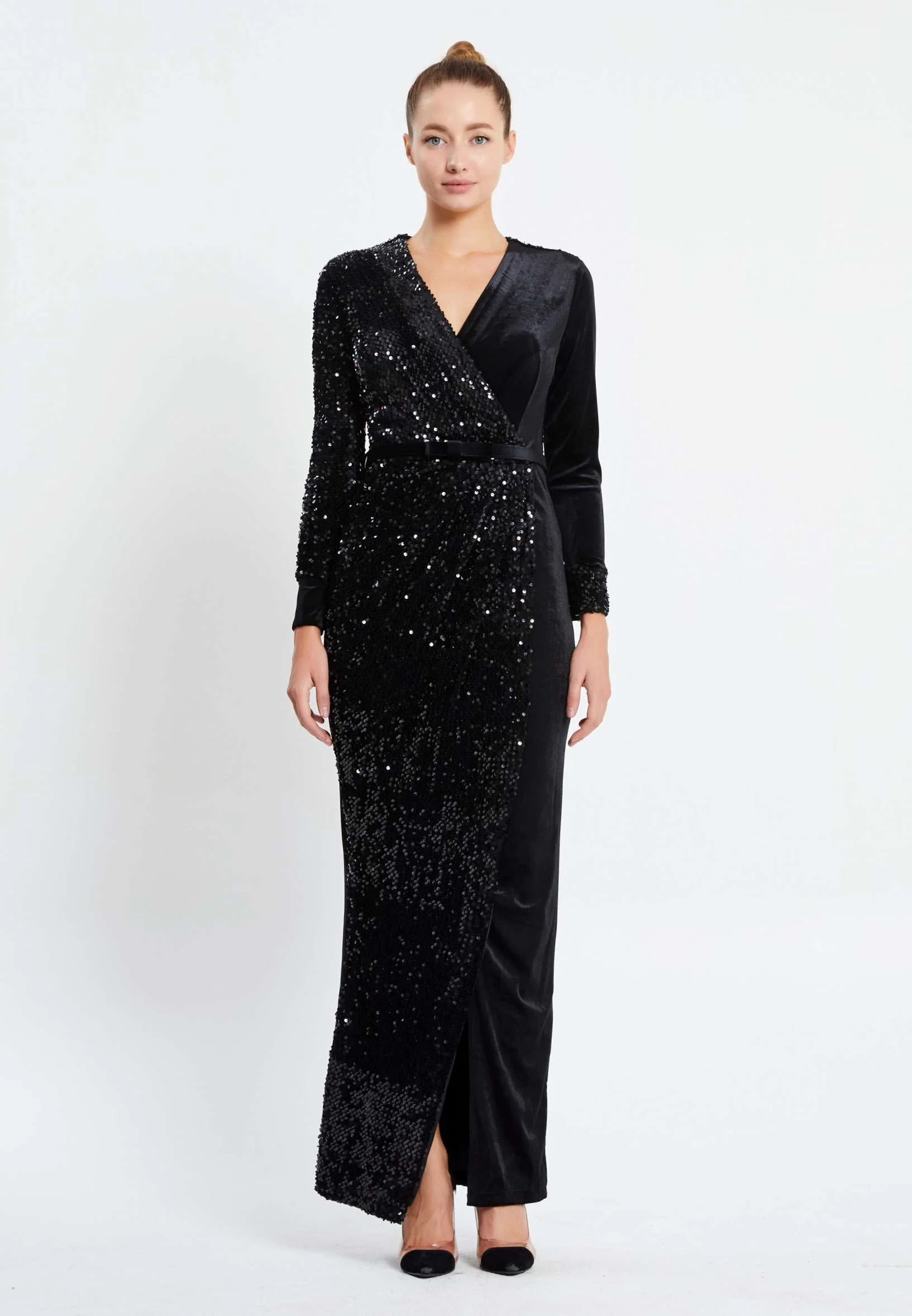 Long Sleeve Maxi Velvet Column Regular Evening Dress pnl6696