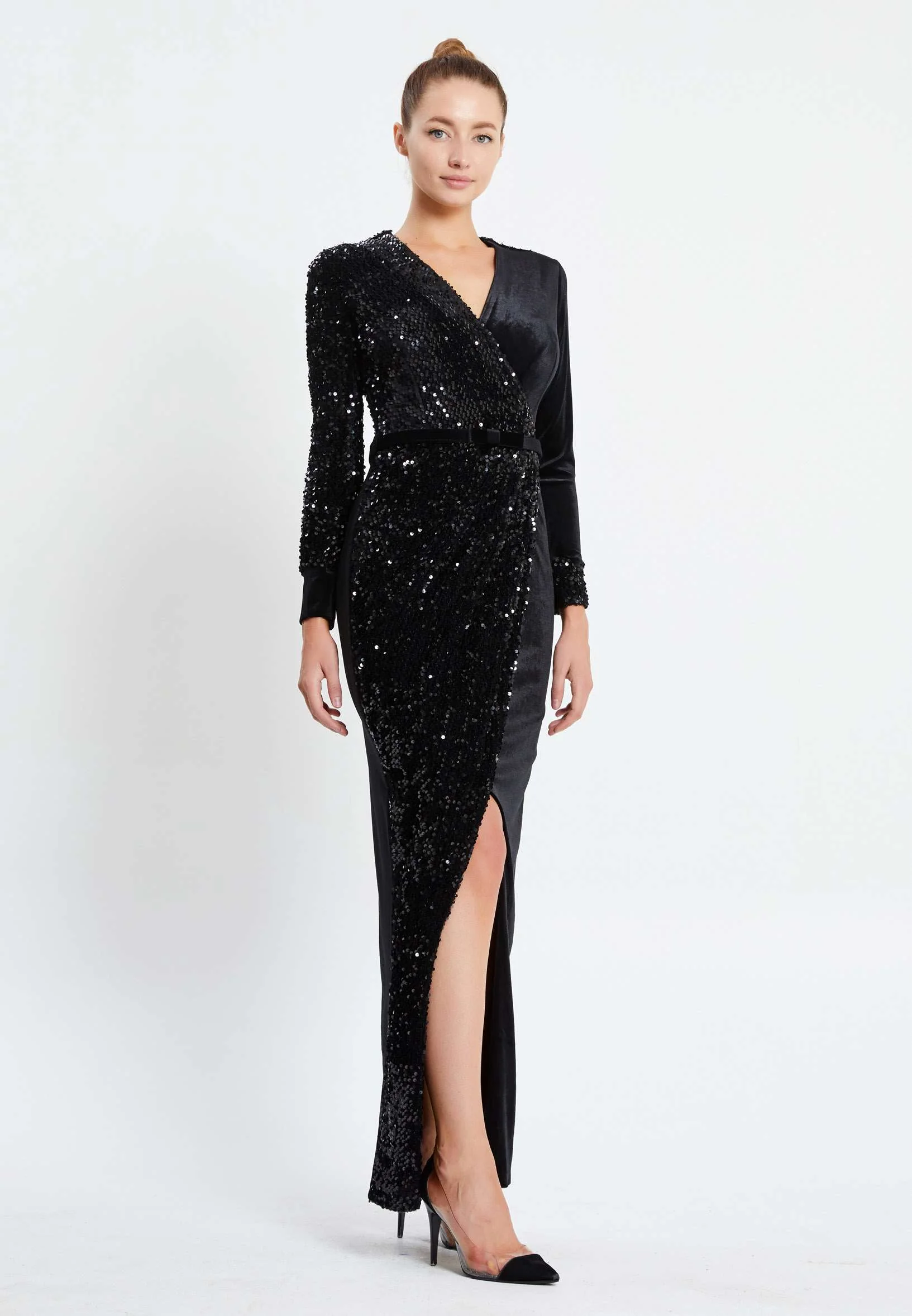Long Sleeve Maxi Velvet Column Regular Evening Dress pnl6696 - Image 3