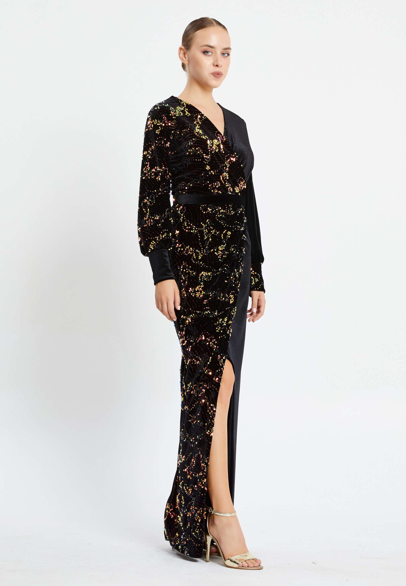 Long Sleeve Maxi Velvet Column Regular Prom Dress pnl6907 - Image 3