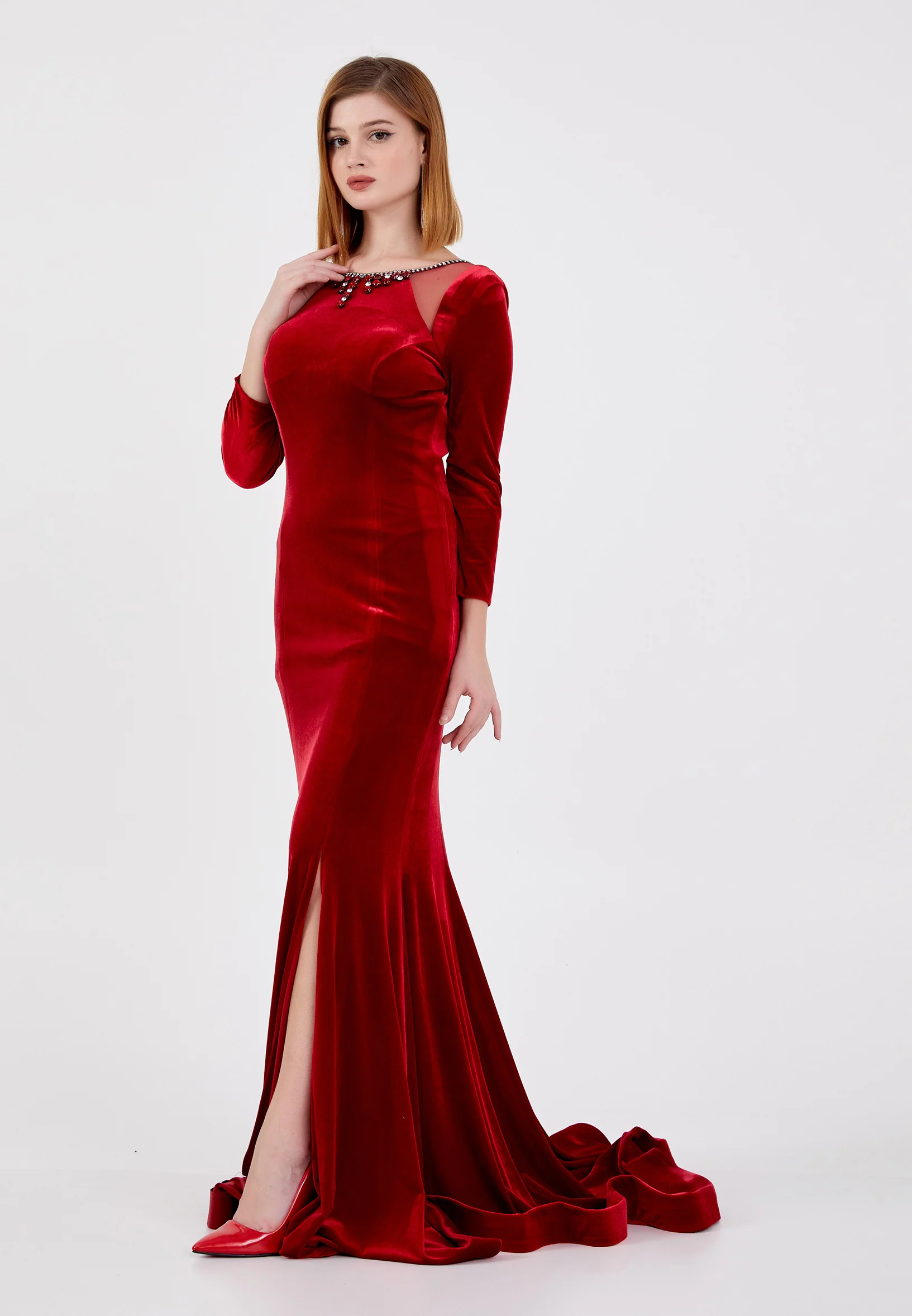 Long Sleeve Maxi Velvet Mermaid Regular Evening Dress frc0127 - Image 7