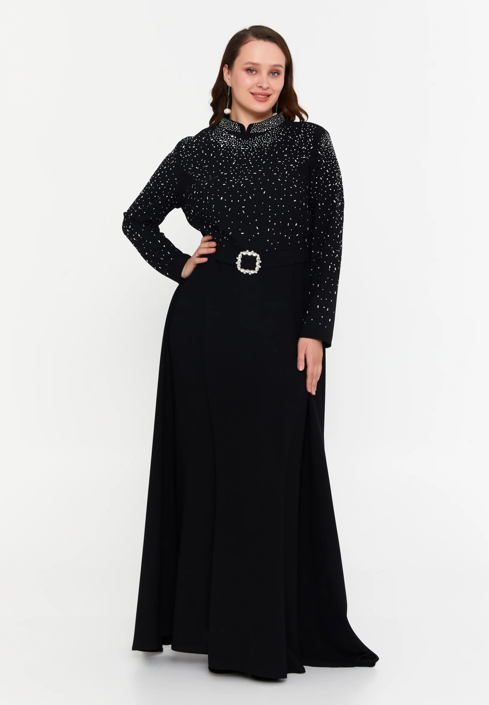 Long Sleeve Maxi Viscose Column Plus Size Wedding Guest Dress leq2206-b