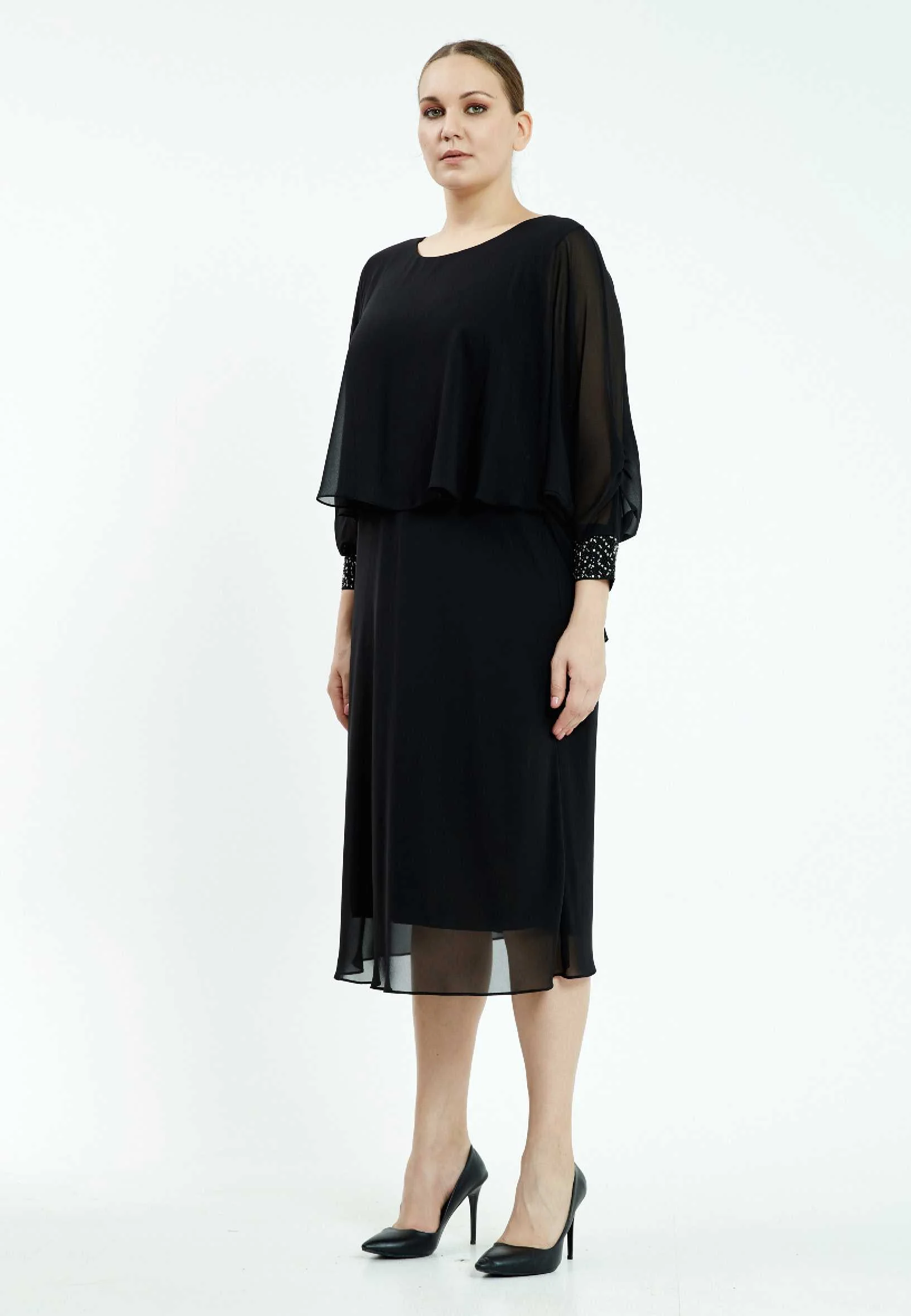 Long Sleeve Midi Chiffon Column Plus Size Casual Dress ayb6902 - Image 3