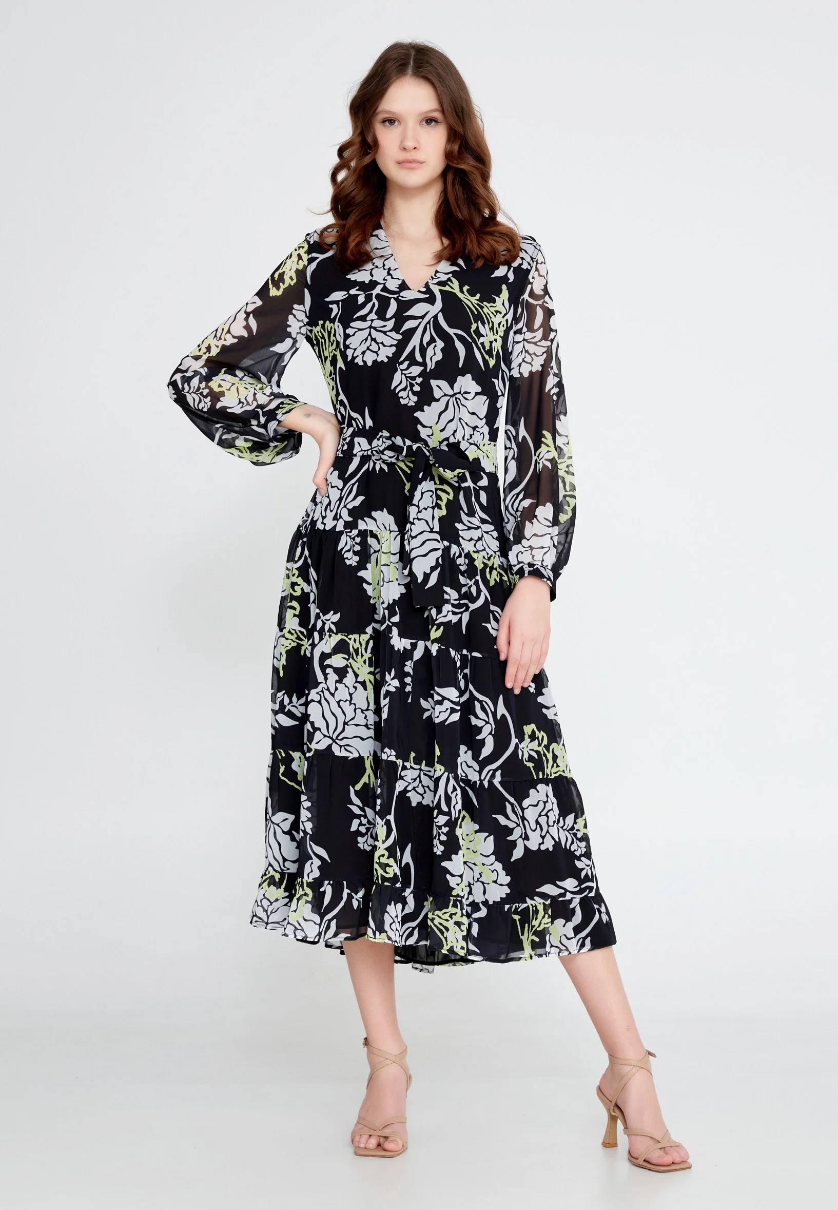 Long Sleeve Midi Chiffon Column Regular Casual Dress ber23y5101
