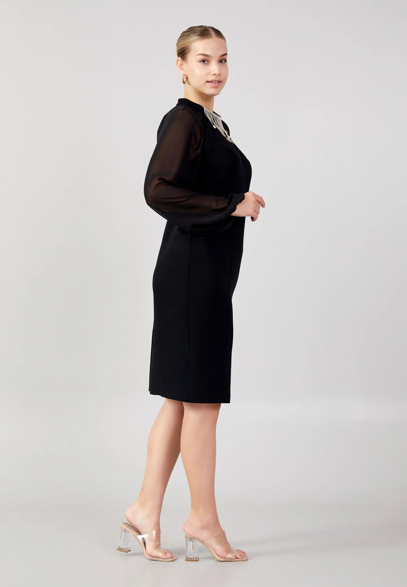 Long Sleeve Midi Crepe Column Plus Size Evening Dress jnm23-354-b - Image 3