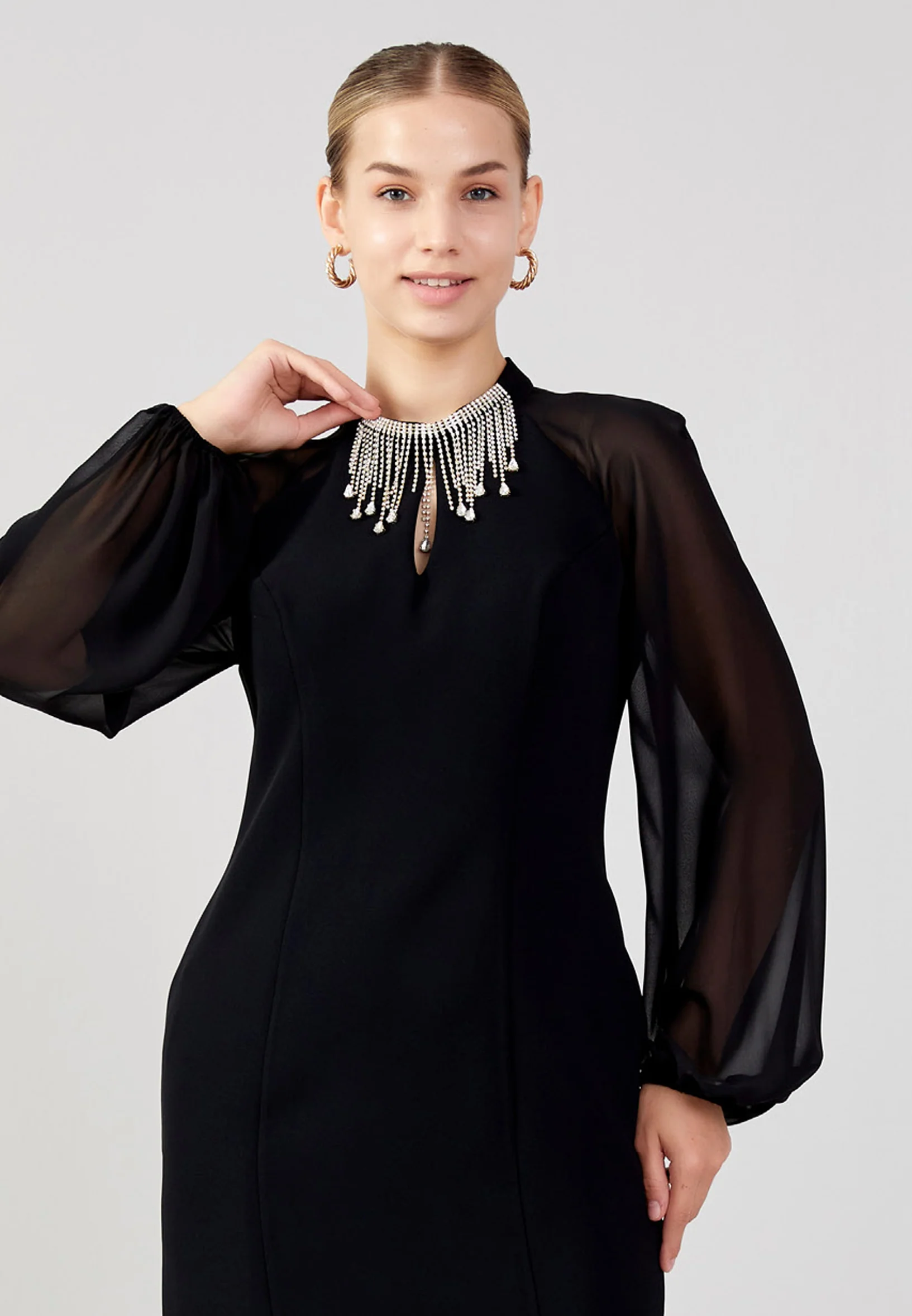 Long Sleeve Midi Crepe Column Plus Size Evening Dress jnm23-354-b - Image 4