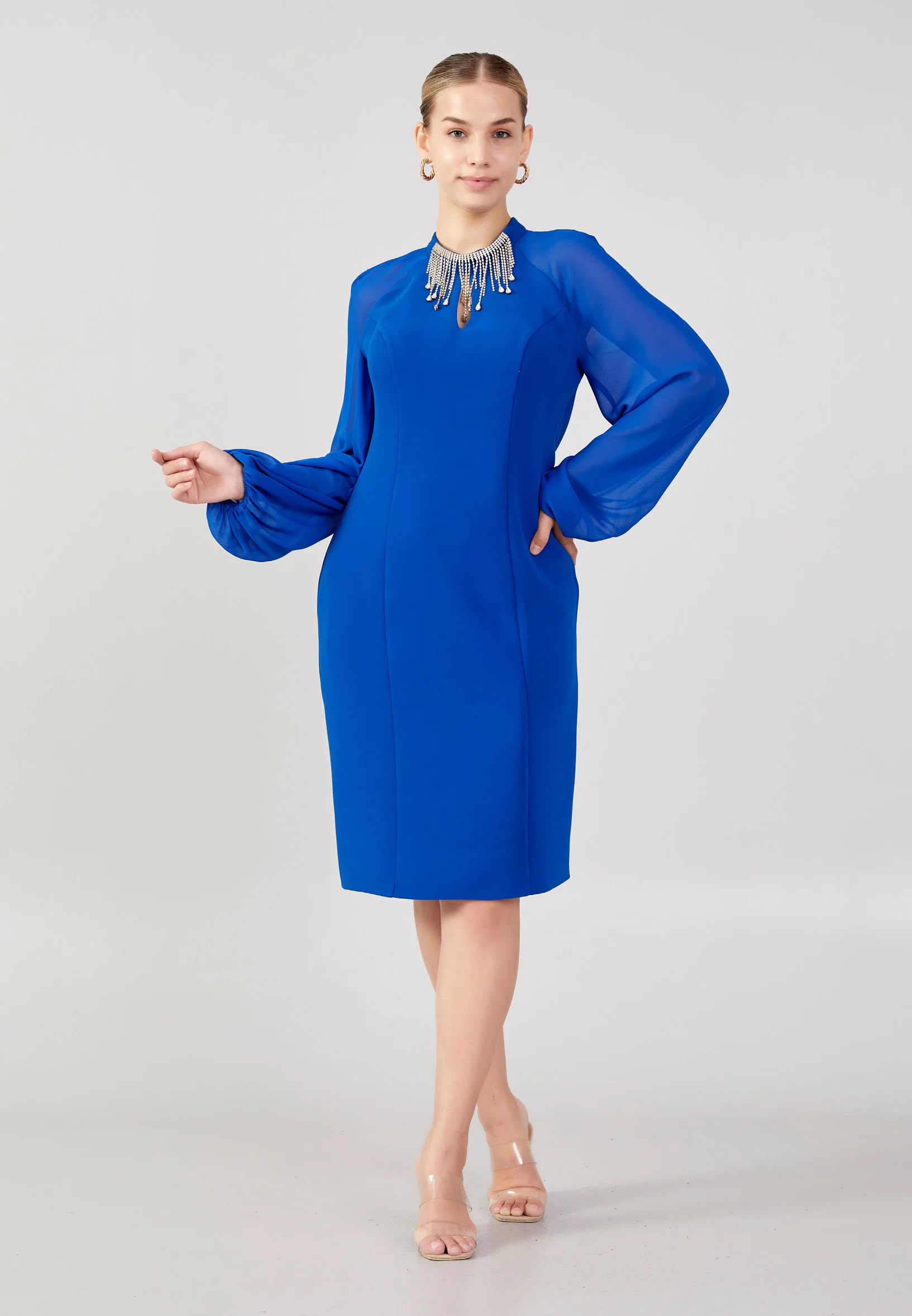 Long Sleeve Midi Crepe Column Plus Size Evening Dress jnm23-354-b - Image 5