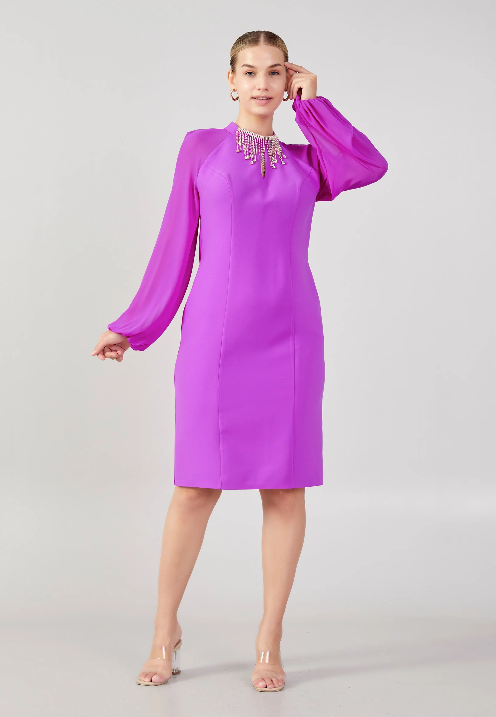 Long Sleeve Midi Crepe Column Plus Size Evening Dress jnm23-354-b - Image 9