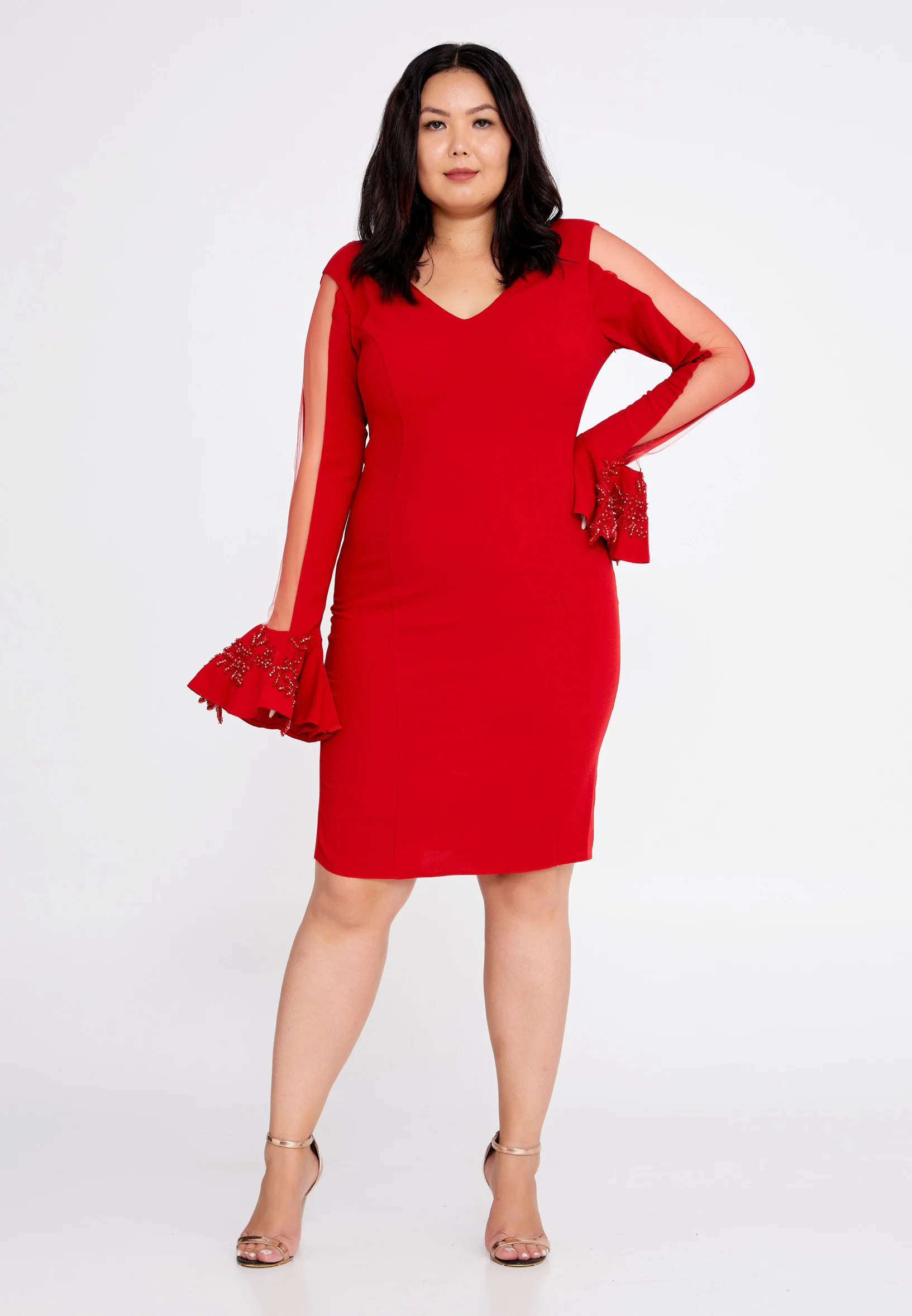 Long Sleeve Midi Crepe Column Plus Size Evening Dress nzn1662