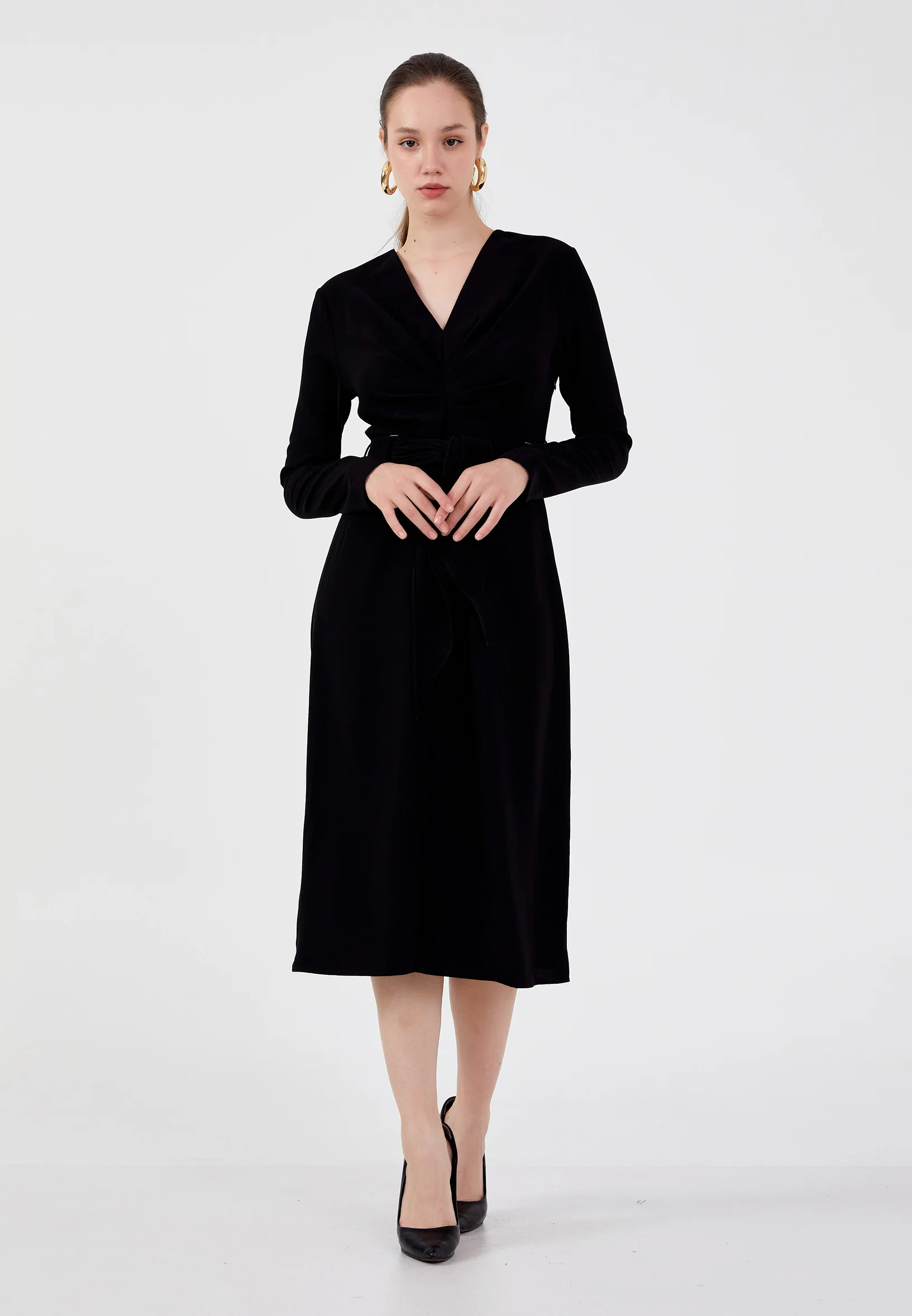 Long Sleeve Midi Crepe Column Regular Casual Dress ber23k5117