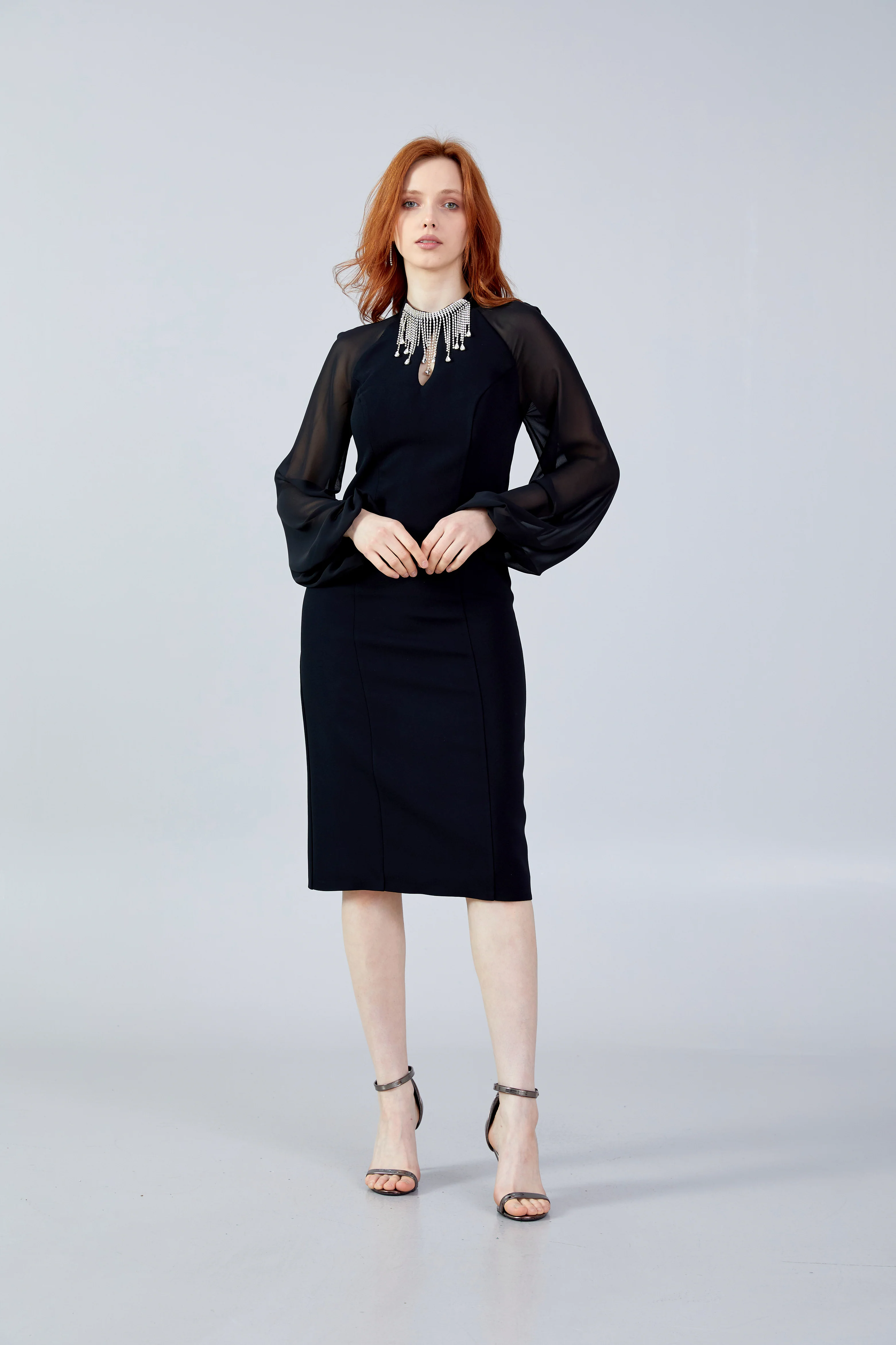 Long Sleeve Midi Crepe Column Regular Evening Dress jnm23-354