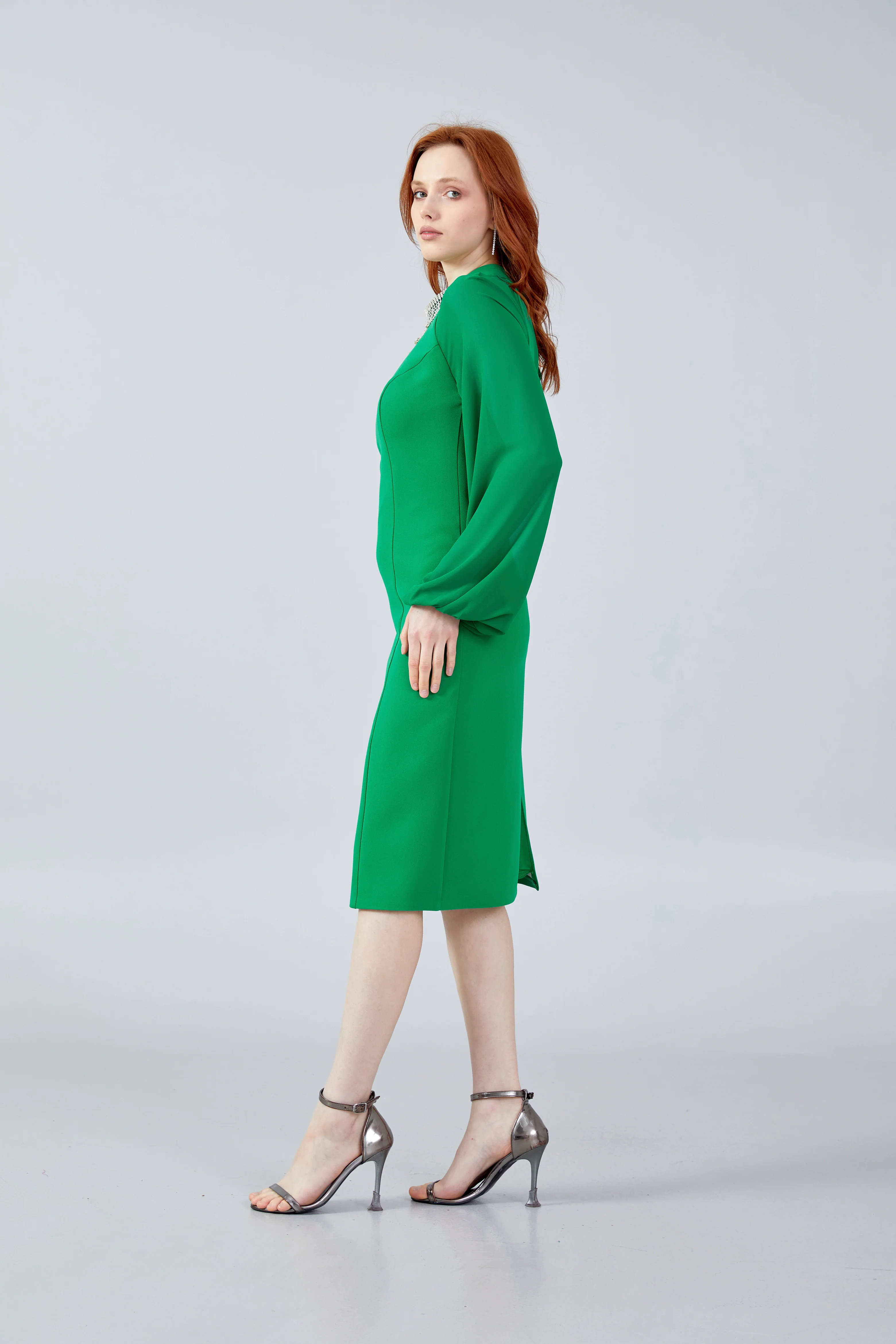 Long Sleeve Midi Crepe Column Regular Evening Dress jnm23-354 - Image 15