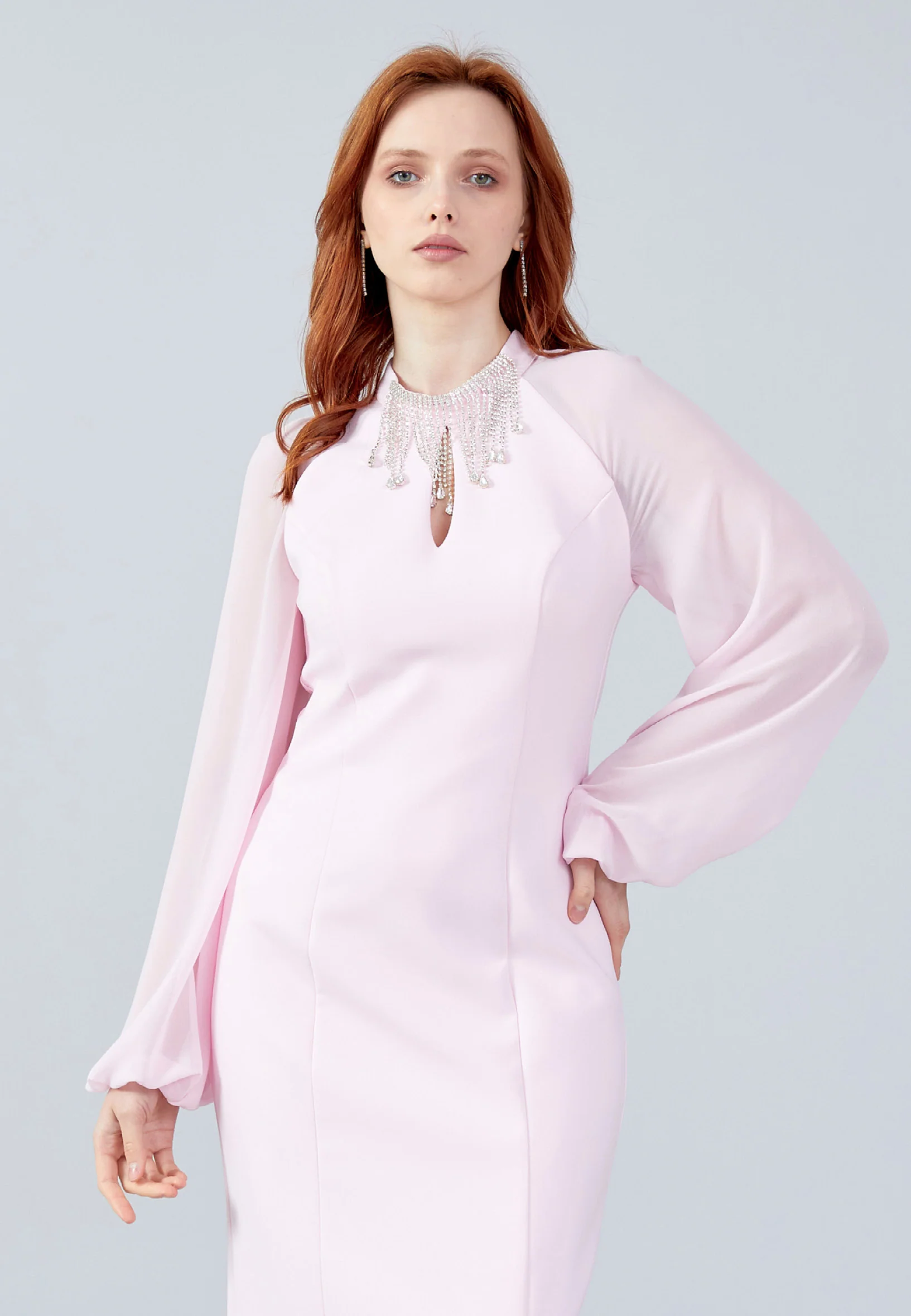 Long Sleeve Midi Crepe Column Regular Evening Dress jnm23-354 - Image 20