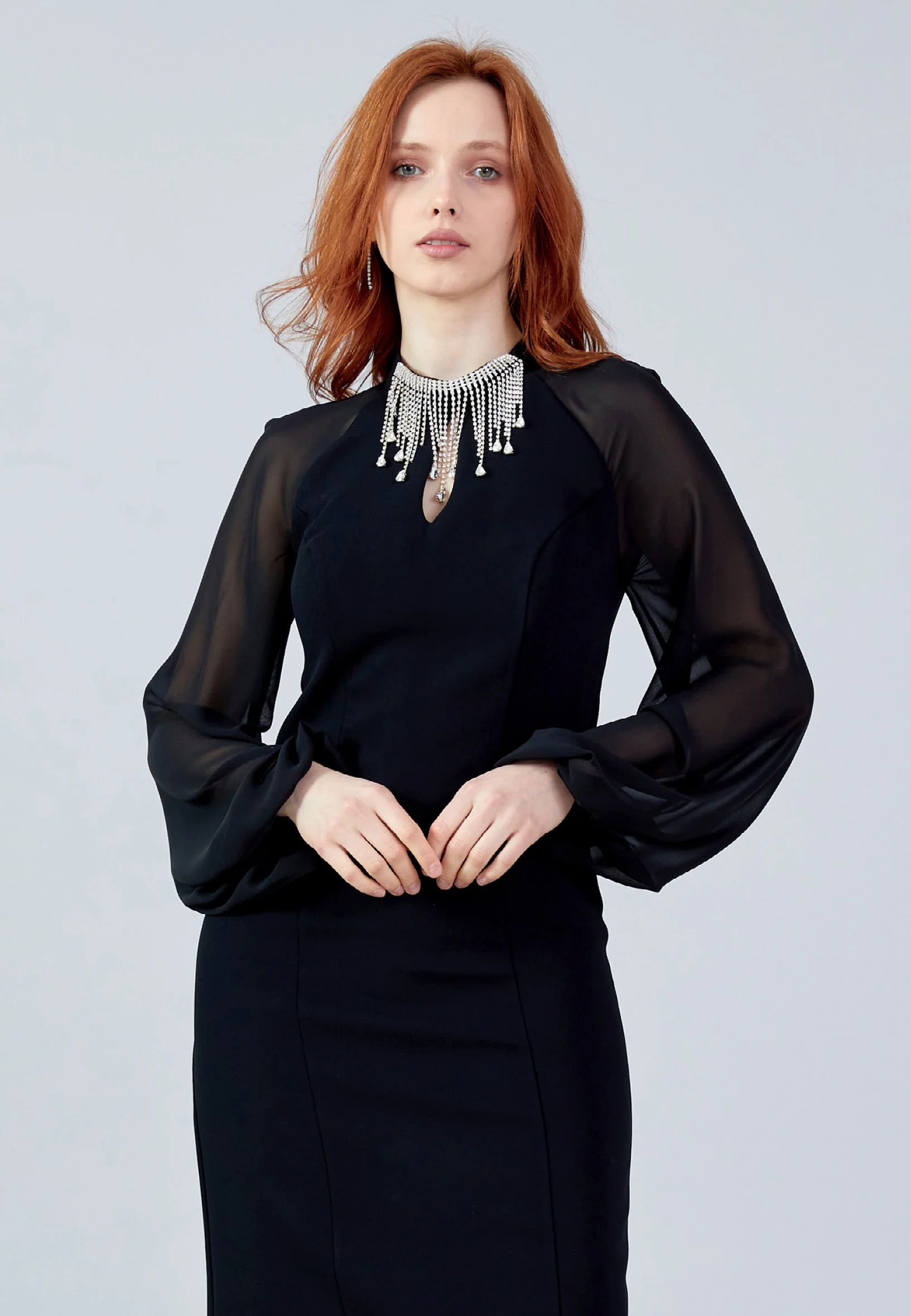 Long Sleeve Midi Crepe Column Regular Evening Dress jnm23-354 - Image 4