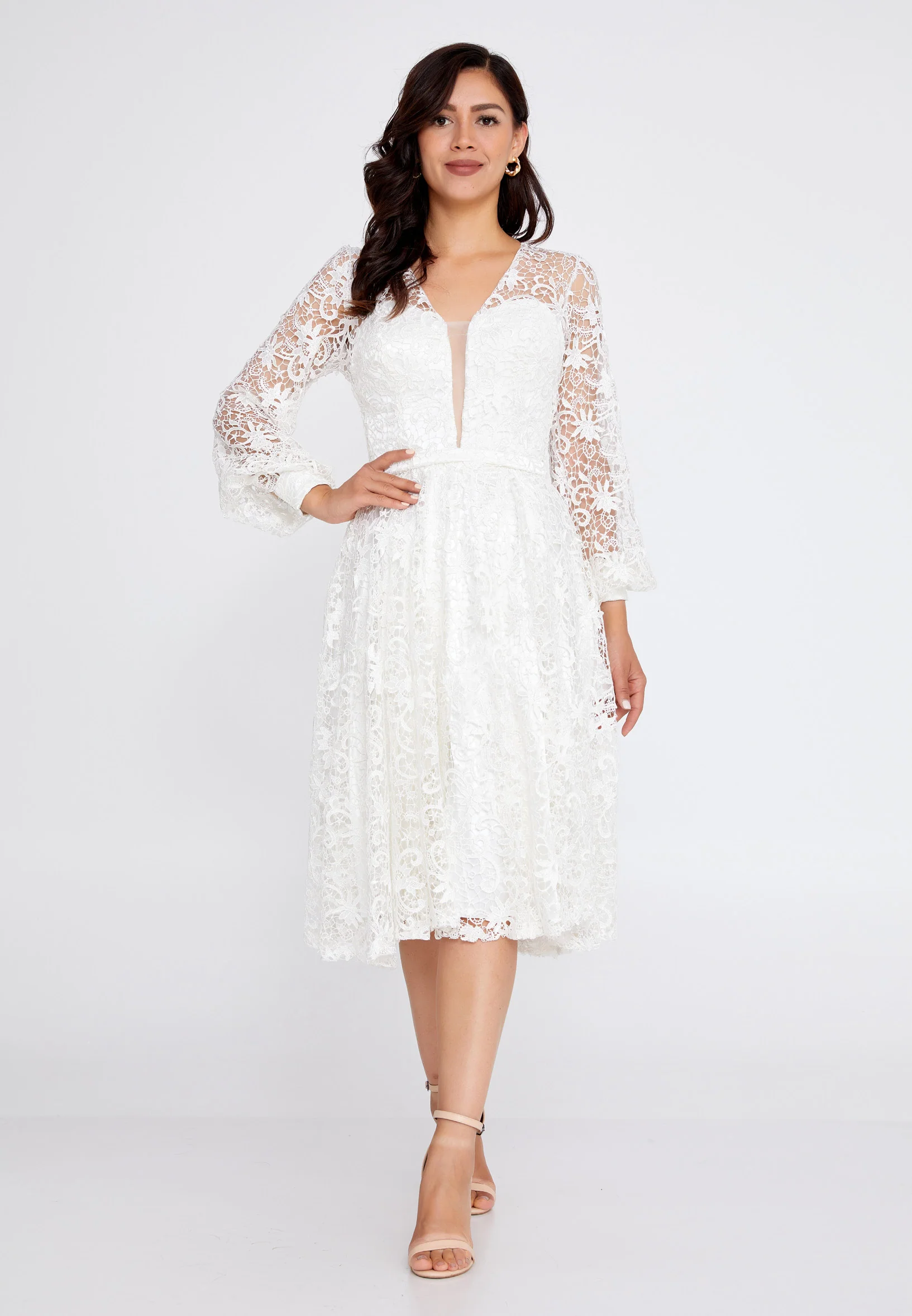 Long Sleeve Midi Lace Column Regular Wedding Guest Dress pau5045 - Image 13