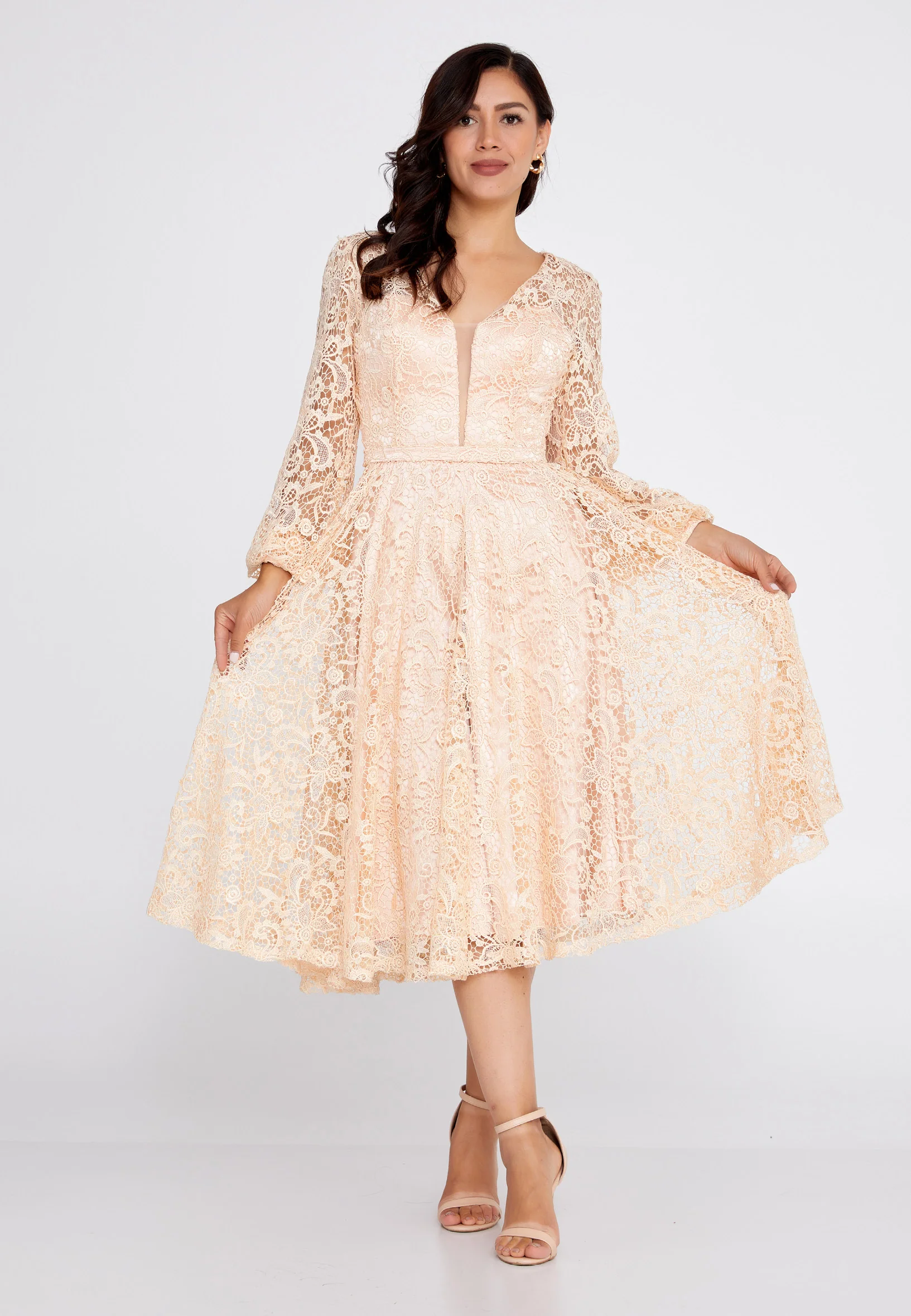 Long Sleeve Midi Lace Column Regular Wedding Guest Dress pau5045 - Image 25