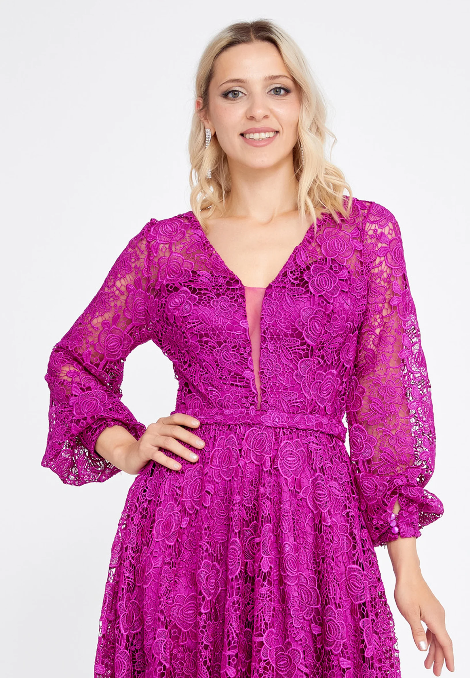 Long Sleeve Midi Lace Column Regular Wedding Guest Dress pau5045 - Image 4