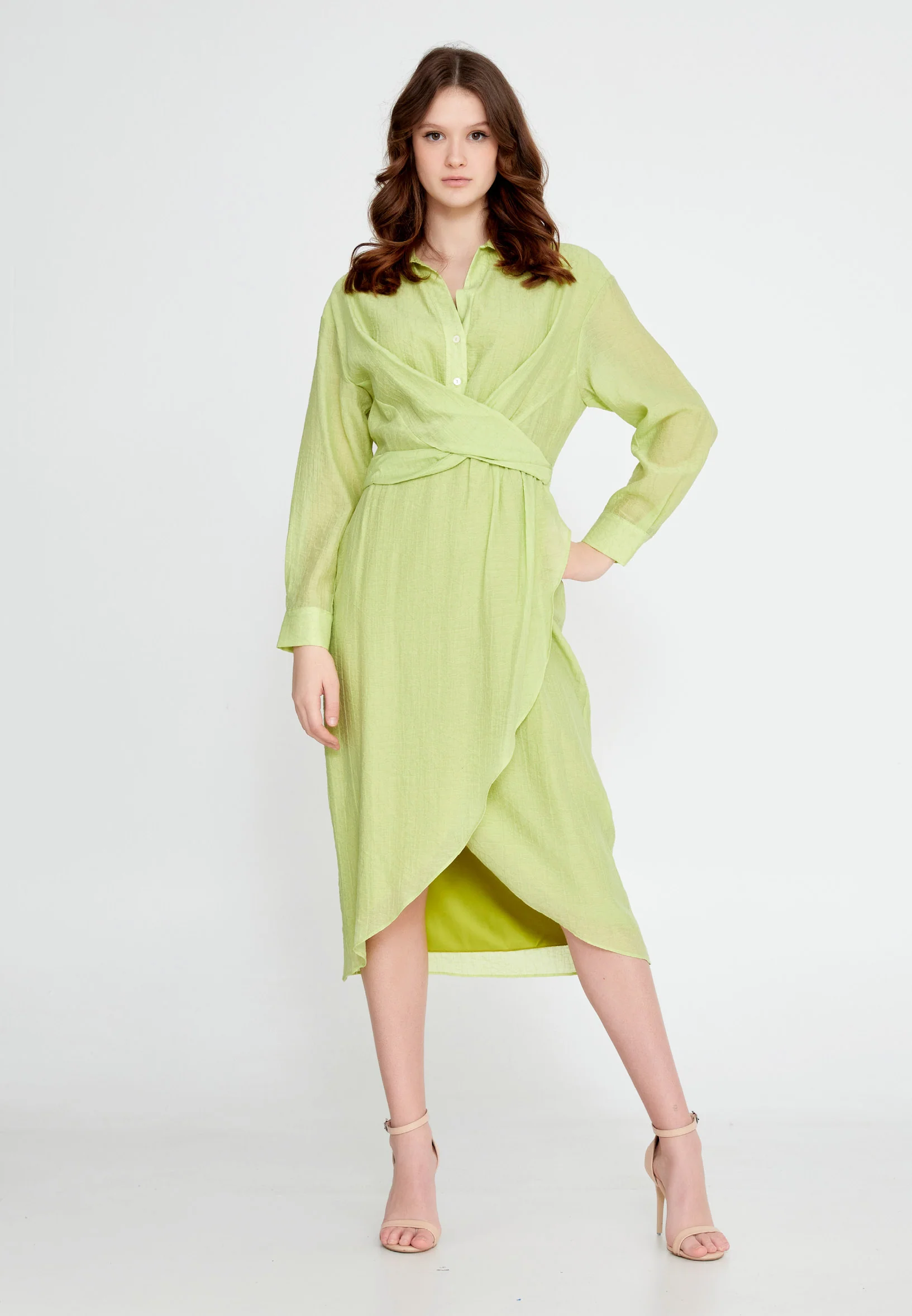 Long Sleeve Midi Linen Column Regular Casual Dress ber23y5103