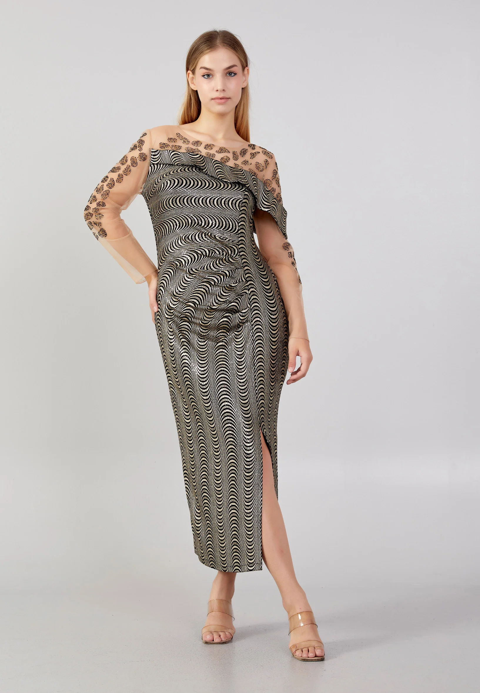 Long Sleeve Midi Lycra Column Plus Size Wedding Guest Dress rmn3101-b - Image 5