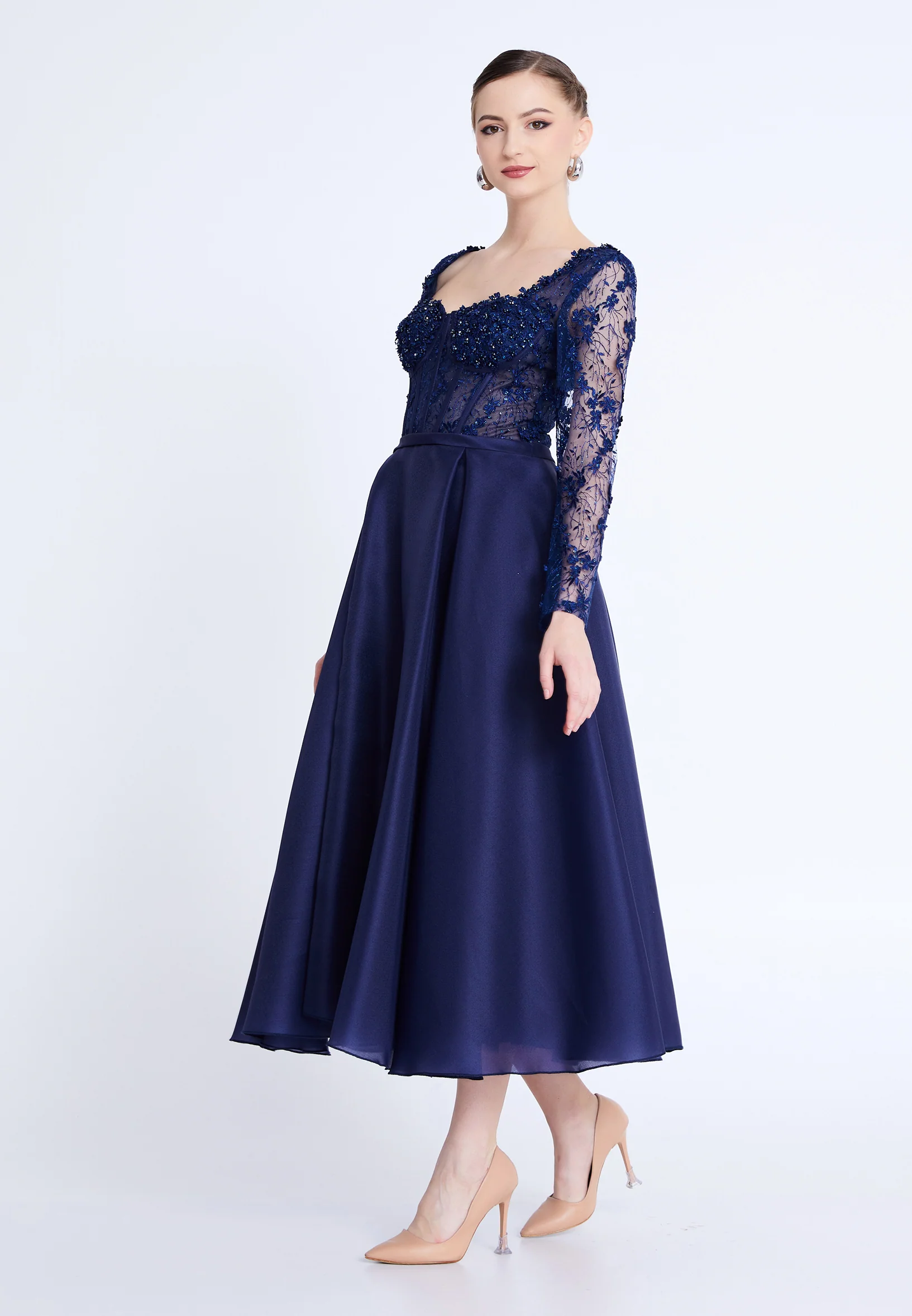 Long Sleeve Midi Polyester A - Line Regular Evening Dress aln1829 - Image 11