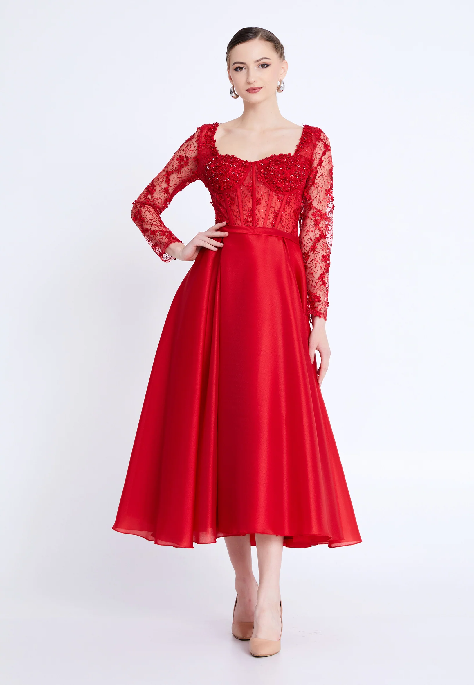 Long Sleeve Midi Polyester A - Line Regular Evening Dress aln1829 - Image 13