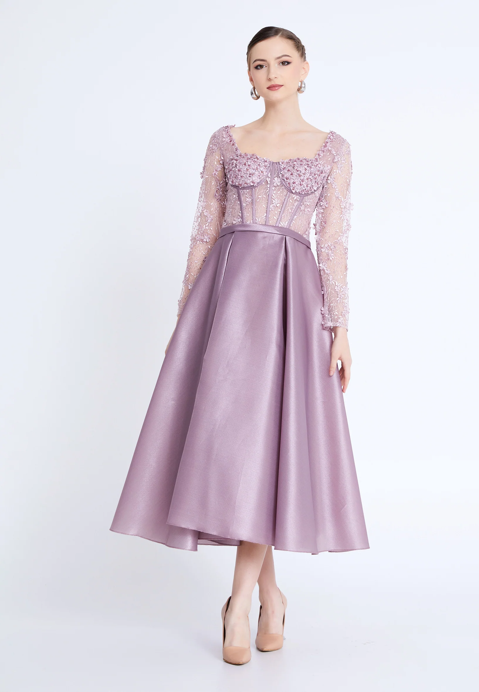 Long Sleeve Midi Polyester A - Line Regular Evening Dress aln1829 - Image 5
