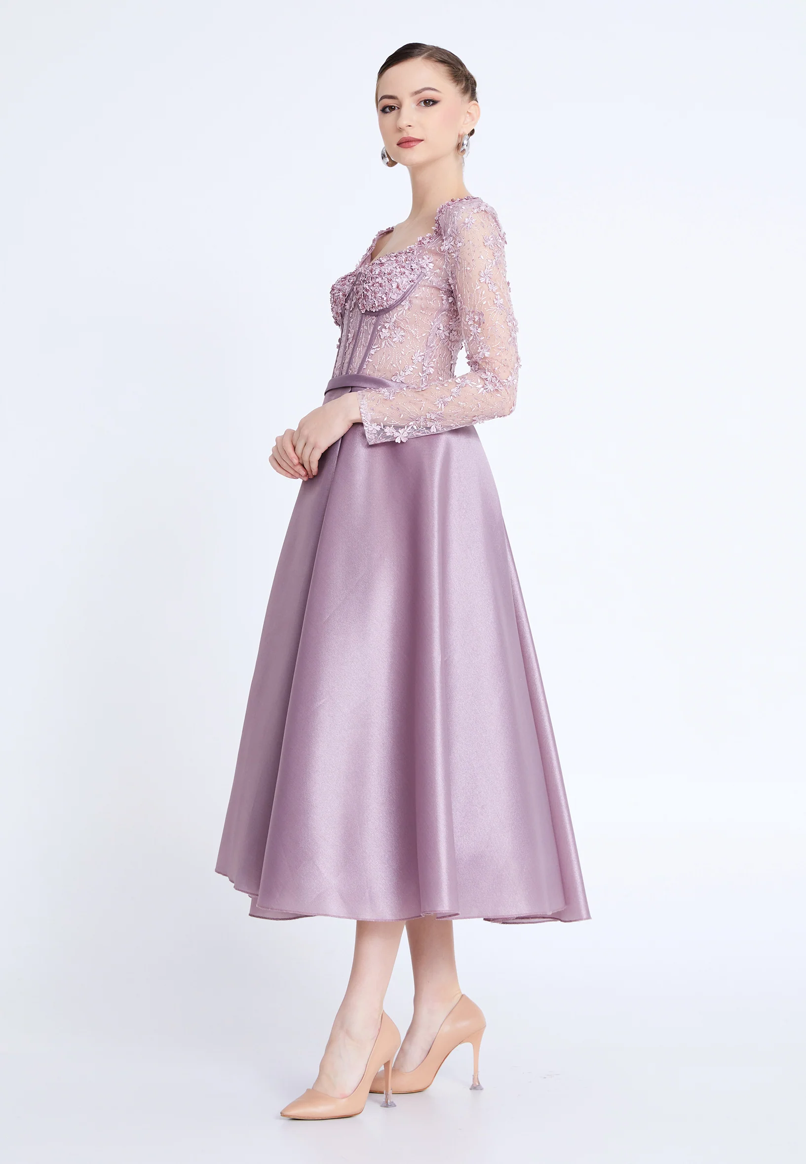 Long Sleeve Midi Polyester A - Line Regular Evening Dress aln1829 - Image 7