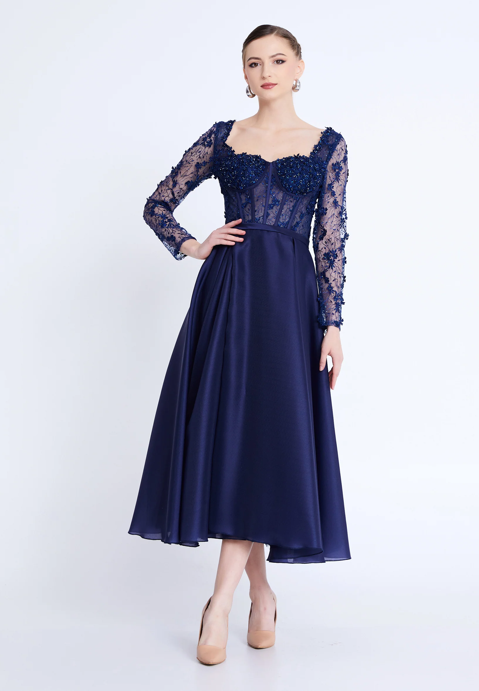 Long Sleeve Midi Polyester A - Line Regular Evening Dress aln1829 - Image 9