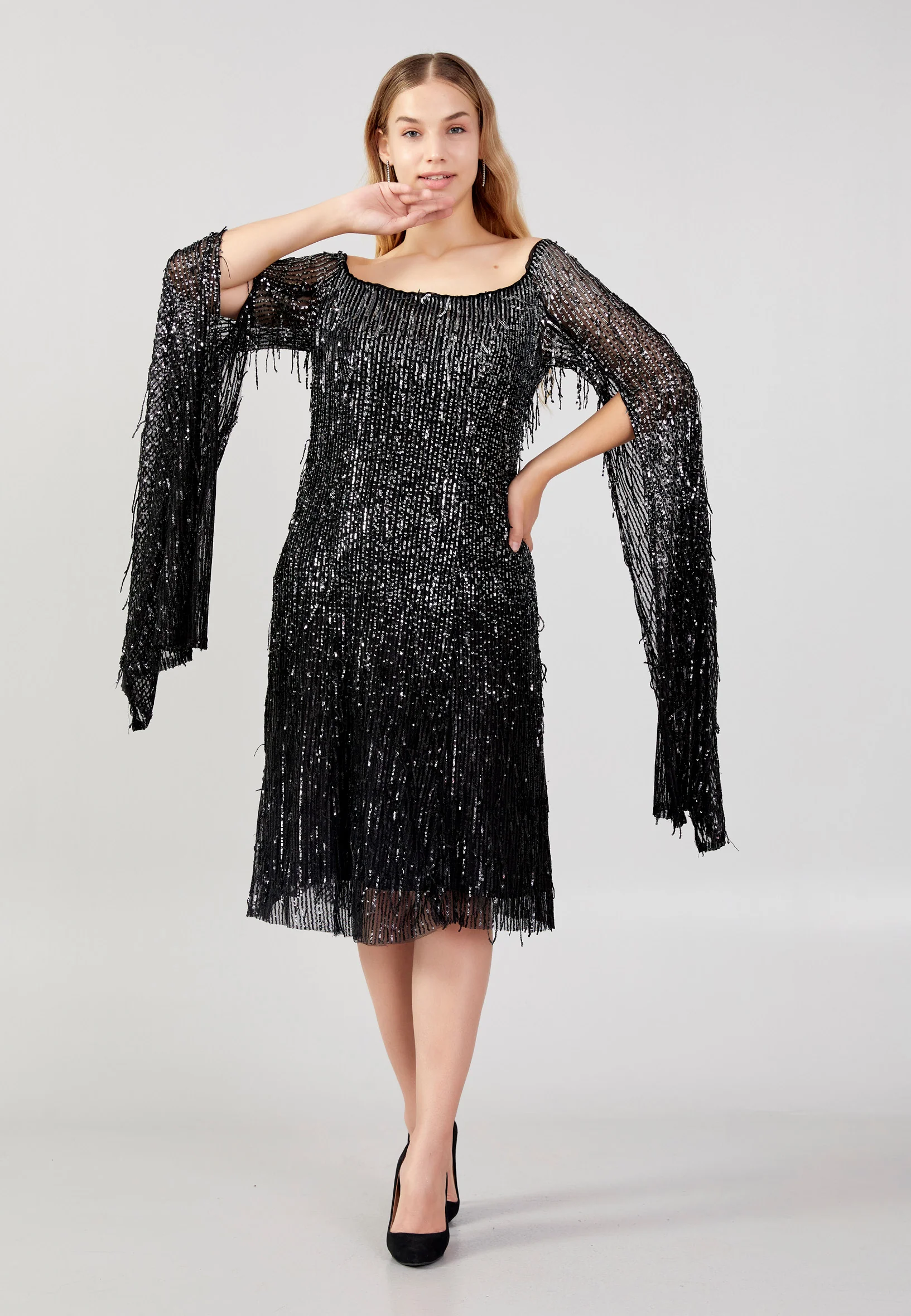 Long Sleeve Midi Sequin Column Plus Size Evening Dress jnm23-383-b