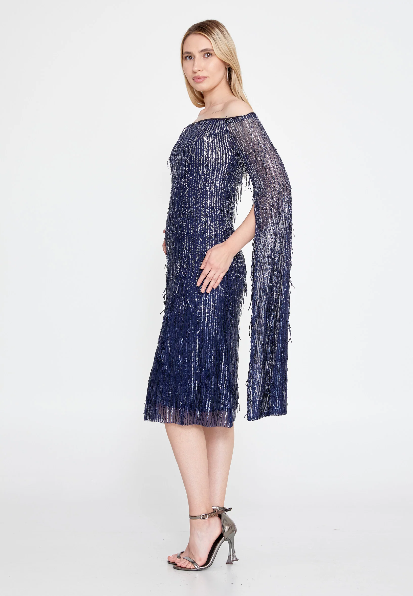 Long Sleeve Midi Sequin Column Regular Evening Dress jnm23-383 - Image 15