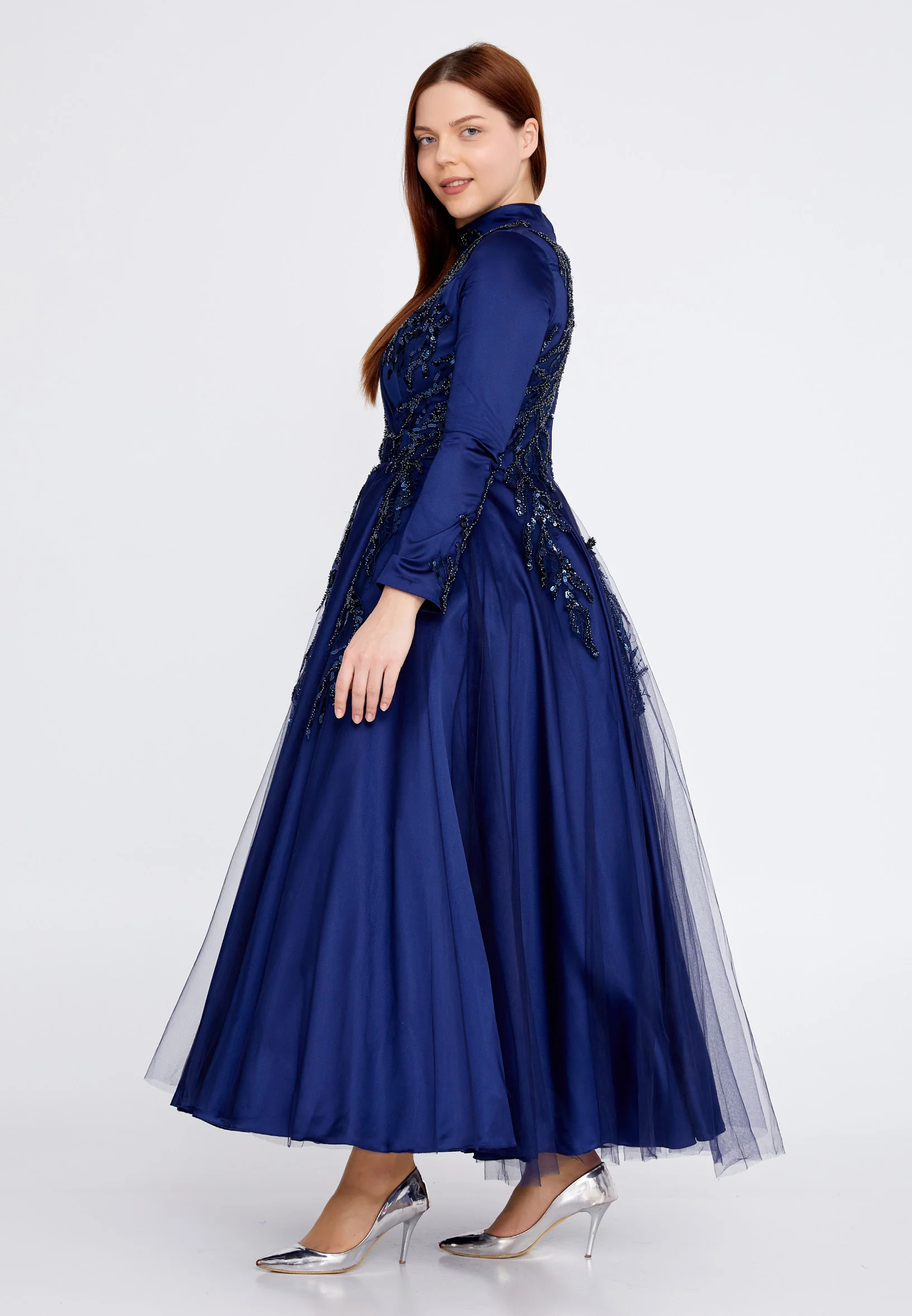 Long Sleeve Midi Tulle A - Line Plus Size Prom Dress eck9000-1 - Image 12