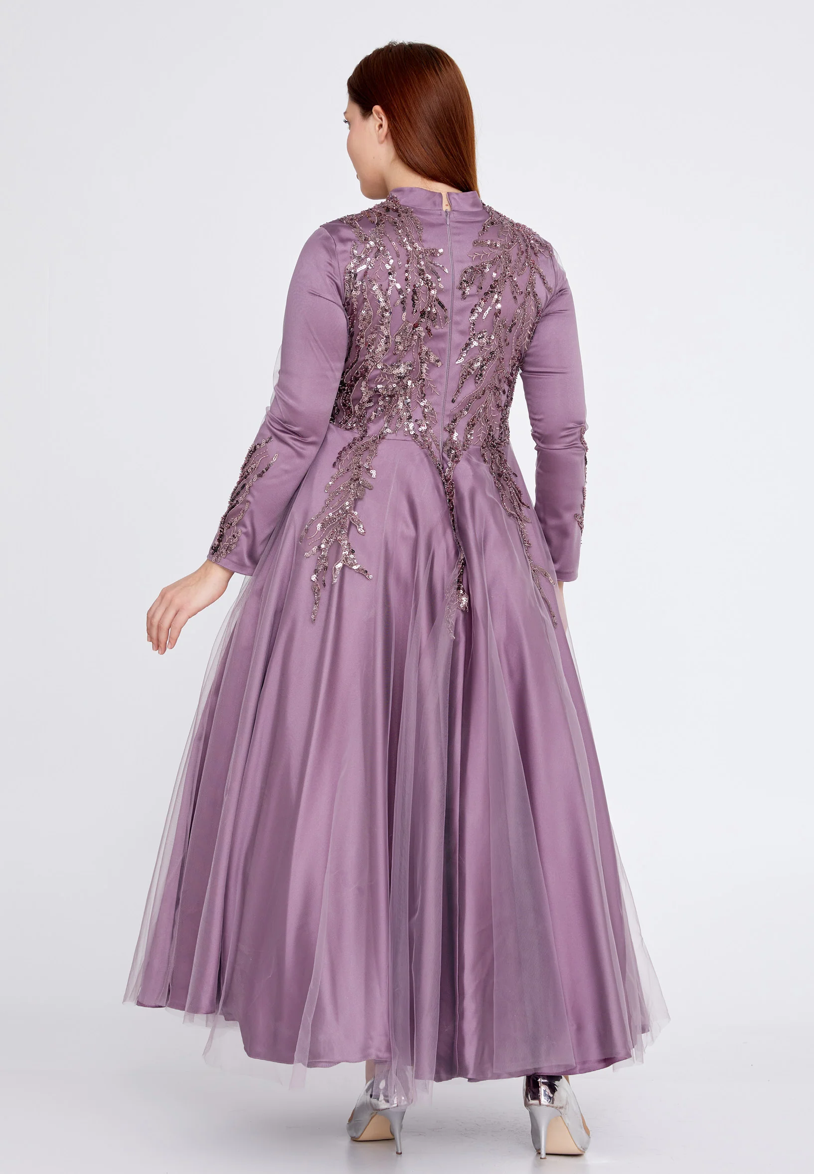 Long Sleeve Midi Tulle A - Line Plus Size Prom Dress eck9000-1 - Image 7