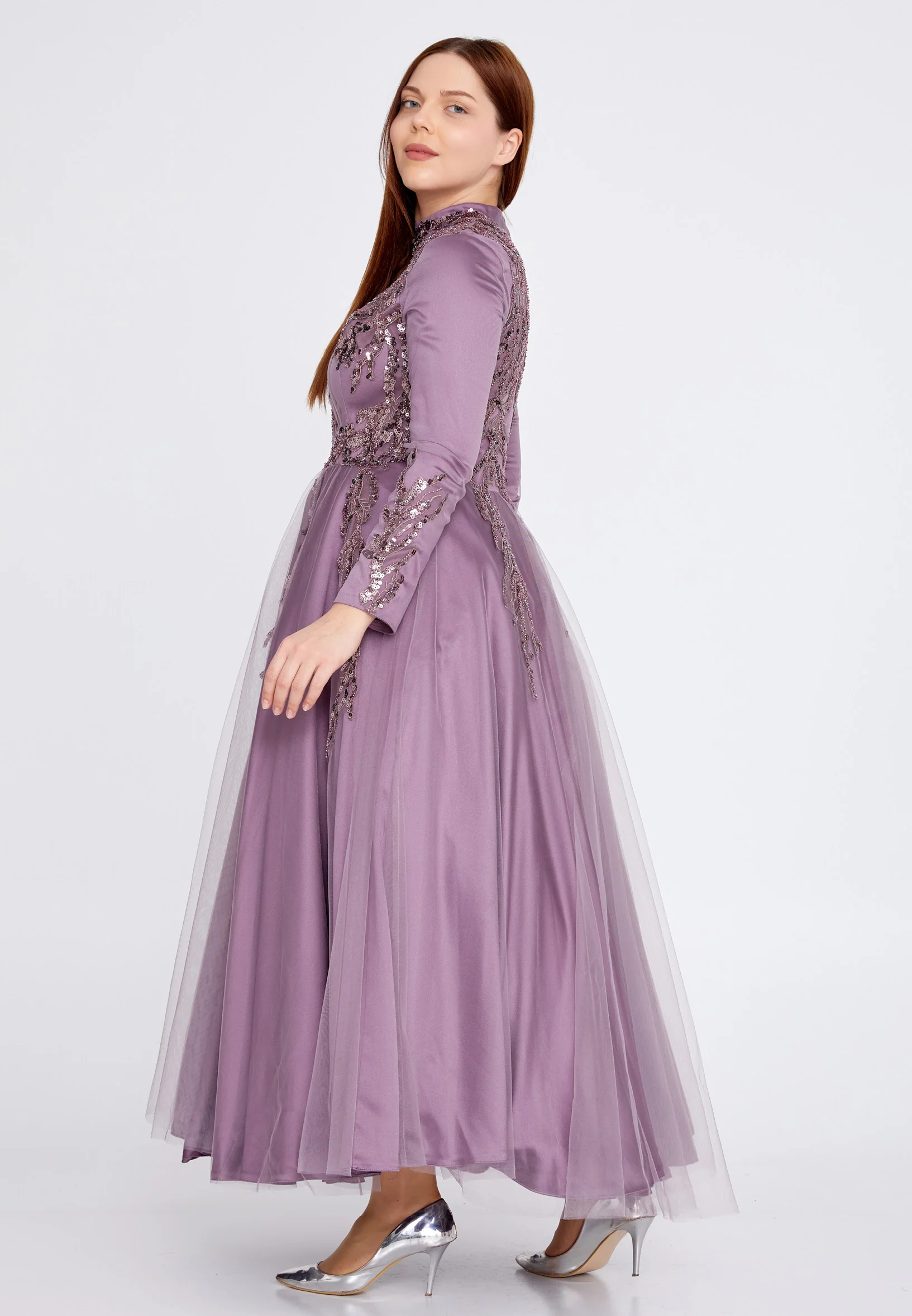Long Sleeve Midi Tulle A - Line Plus Size Prom Dress eck9000-1 - Image 8