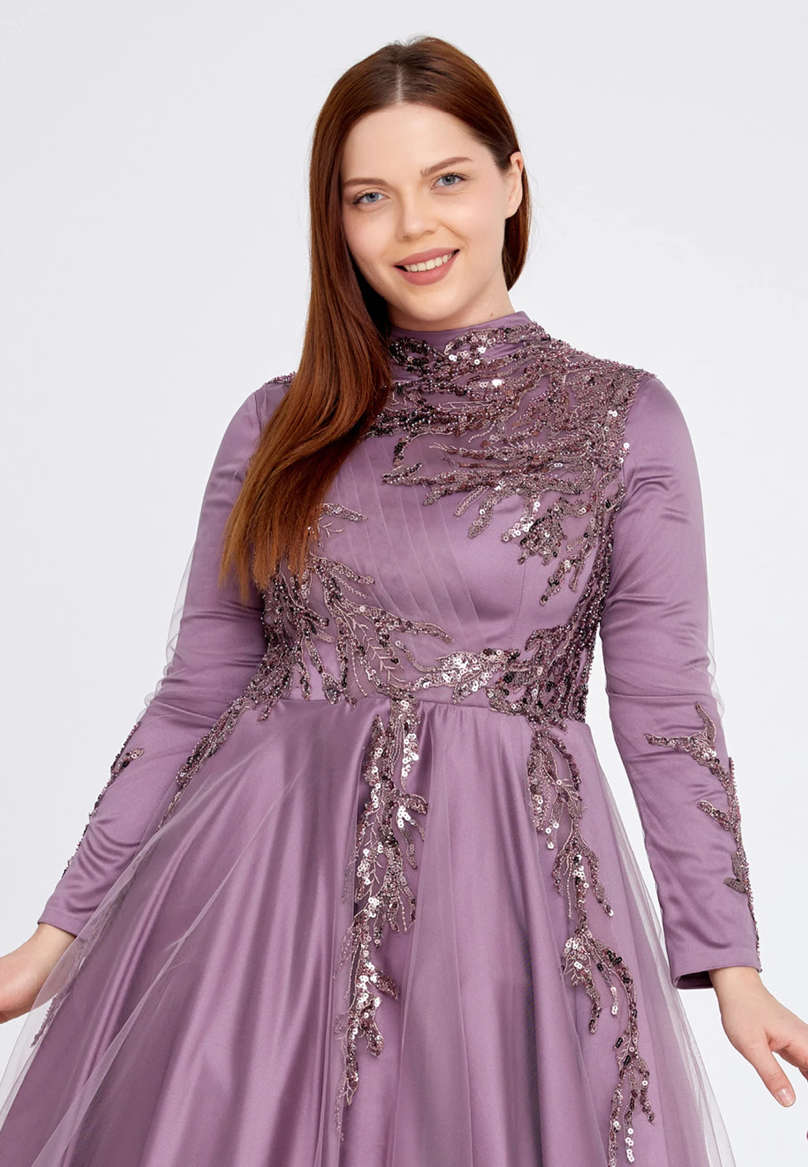 Long Sleeve Midi Tulle A - Line Plus Size Prom Dress eck9000-1 - Image 9