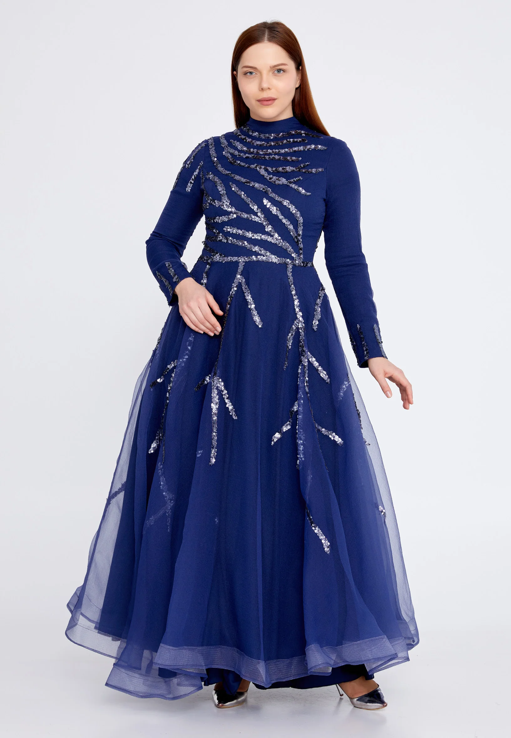 Long Sleeve Midi Tulle A - Line Plus Size Prom Dress gzk1001-1 - Image 5