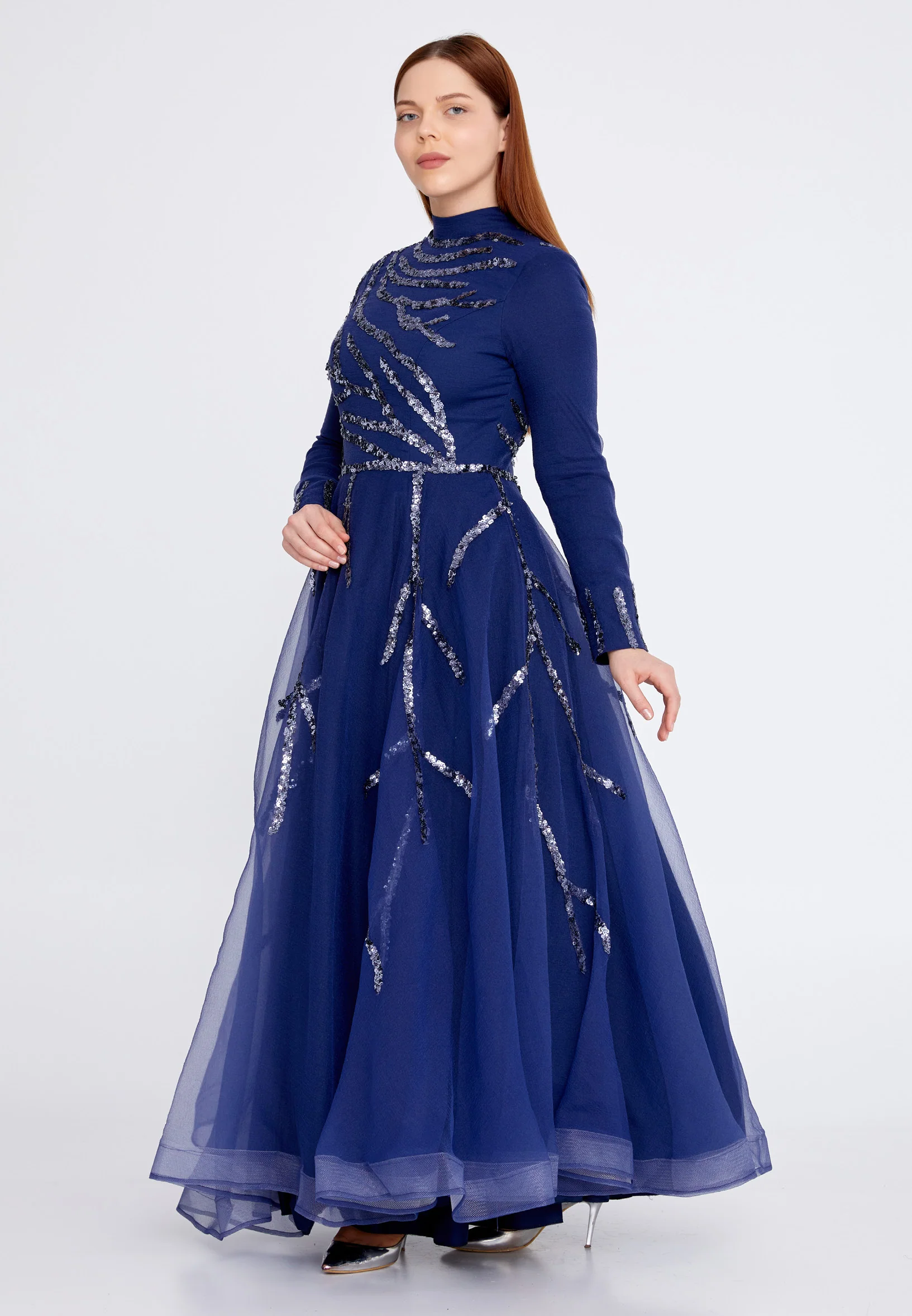 Long Sleeve Midi Tulle A - Line Plus Size Prom Dress gzk1001-1 - Image 7