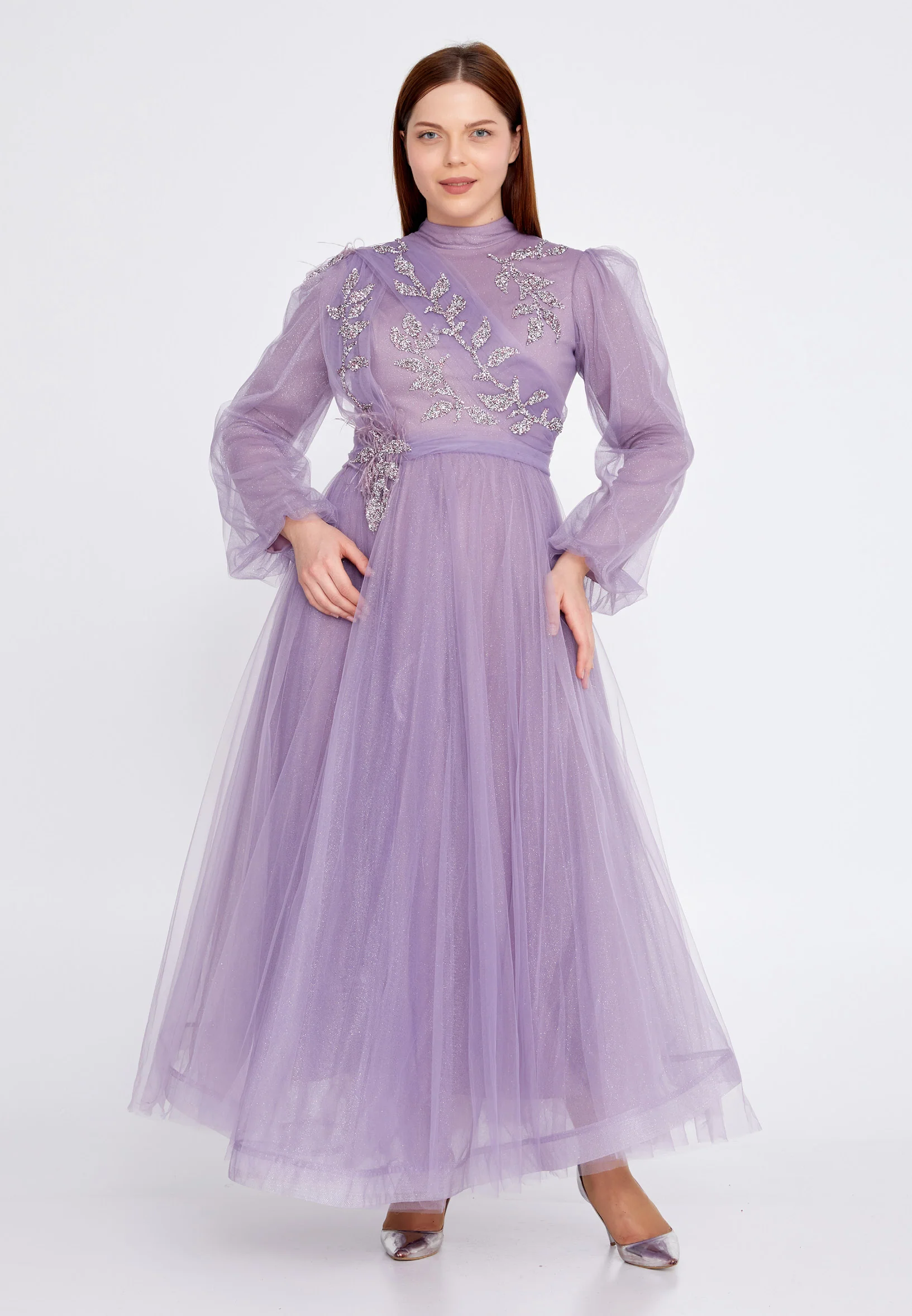 Long Sleeve Midi Tulle A - Line Plus Size Prom Dress gzk7004-b