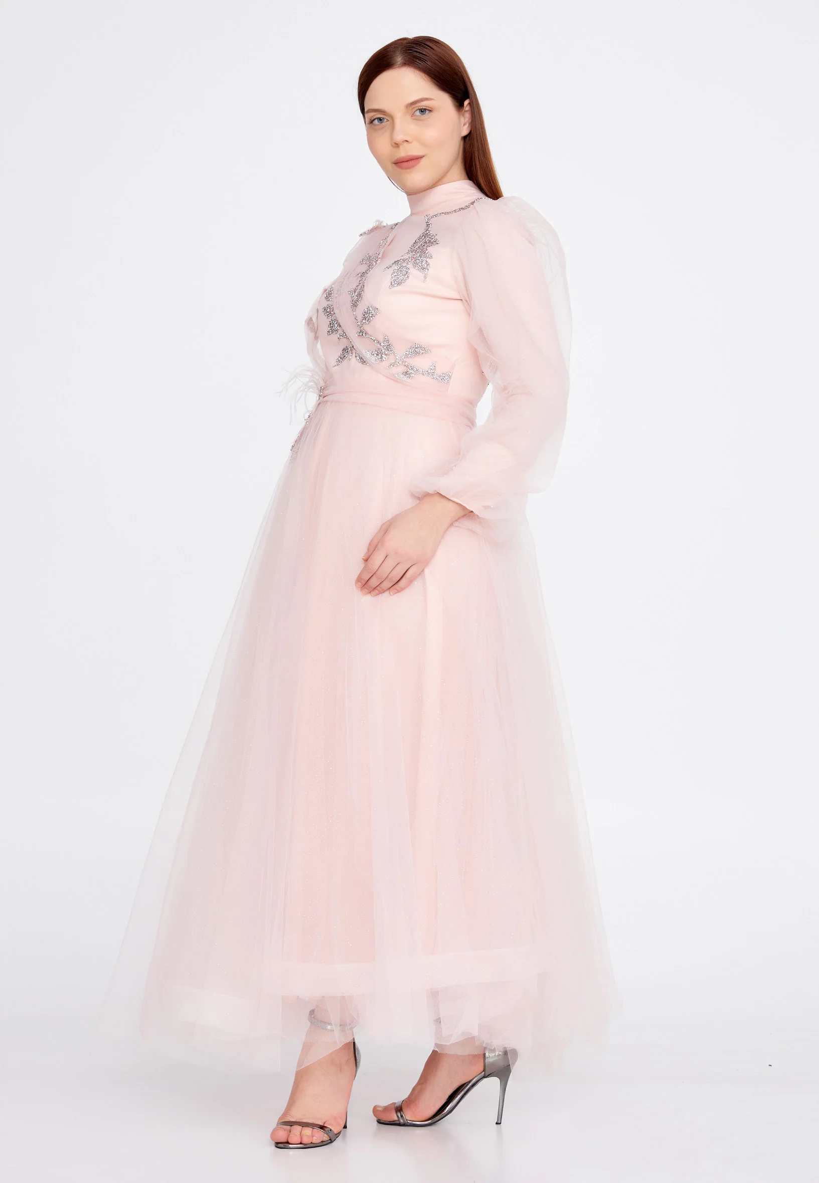 Long Sleeve Midi Tulle A - Line Plus Size Prom Dress gzk7004-b - Image 11