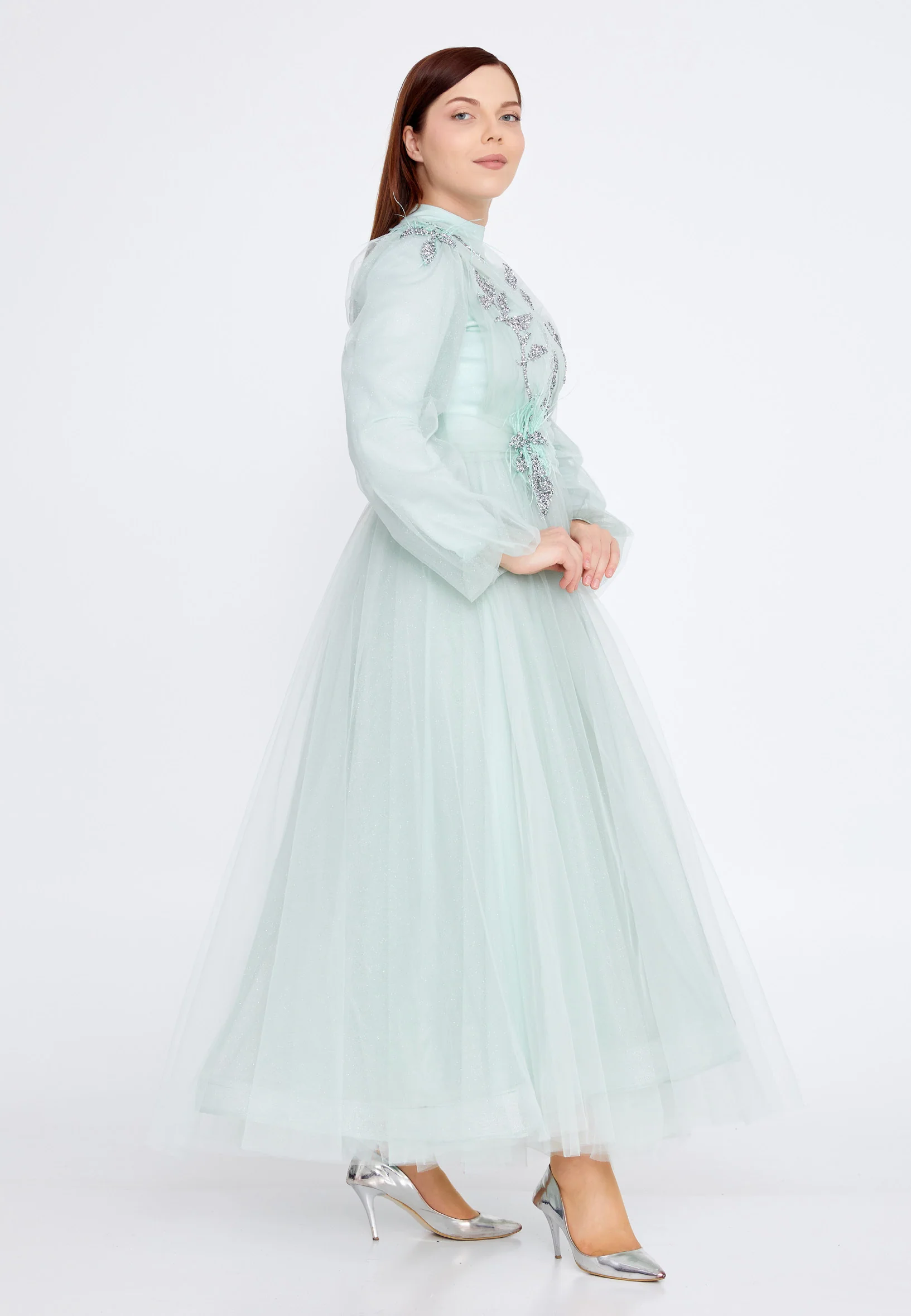 Long Sleeve Midi Tulle A - Line Plus Size Prom Dress gzk7004-b - Image 7