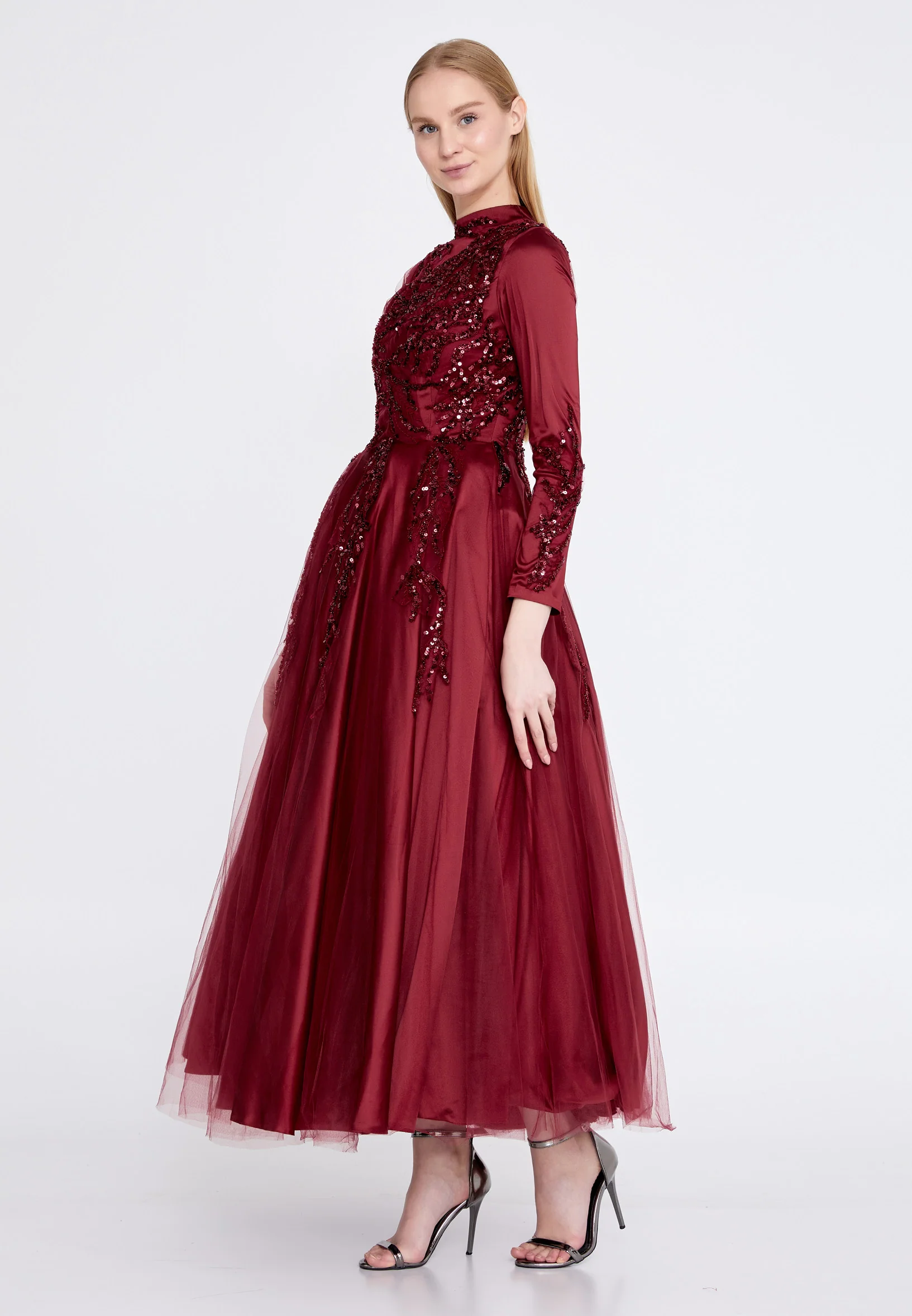 Long Sleeve Midi Tulle A - Line Regular Prom Dress eck9000 - Image 3
